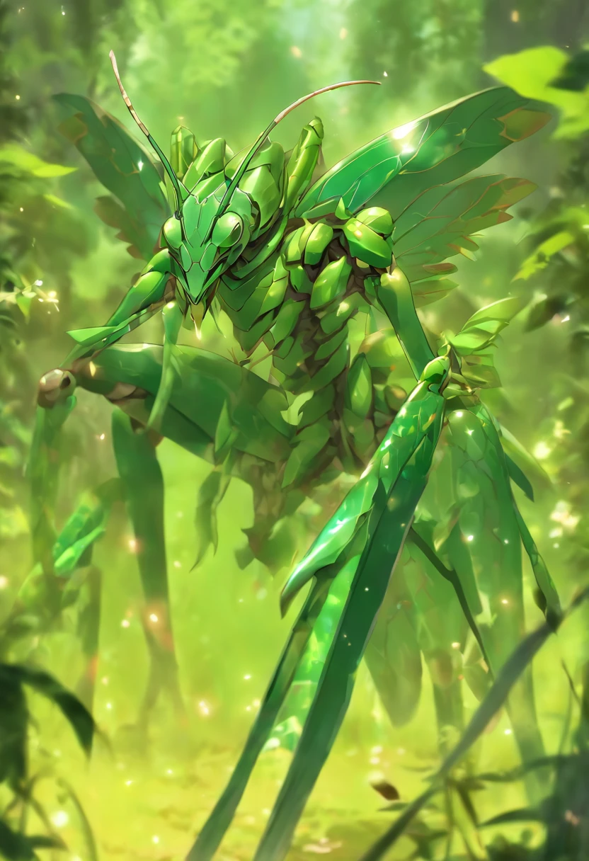 high quality rendering,(8K、Best quality at best、tmasterpiece:1.2)、(Endless realism、フォトリアリスティック:1.37)、hyper-detailing,hyper HD,A mantis magnified ten times,zerg,Live wallpaper,This is a painting of a praying mantis resting in a fantasy world,(Dark green insect carapace:1.2),(Exaggerated mantis forelimbs,Carapace with leaf texture:1.3),{Death and Skeletons,three different elements, Time and Mantis, used to design this character.:1.4},monster hunter,((handsome insect,Wrapped in thick and powerful armor. The metal panels are decorated with intricate designs,This piece of armor accentuates the size of the scythe's forelimbs)),Insect characters in card games