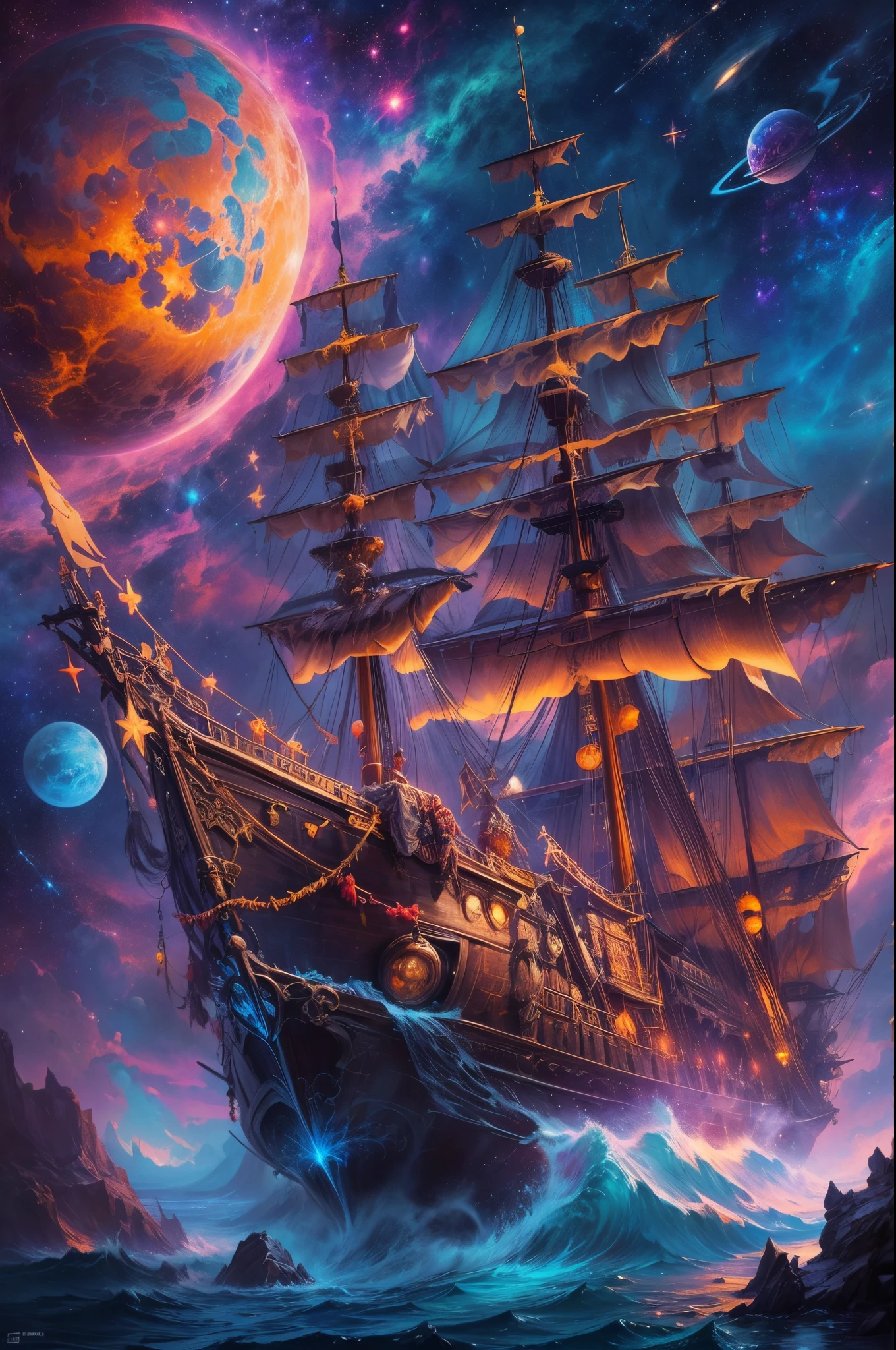 "Jack Sparrow's pirate ship navigating ((cosmic realms)), ((dynamic and swashbuckling pose)), ((vibrant space colors)), ((extraterrestrial treasures)), ((captivating planetary backdrop)),