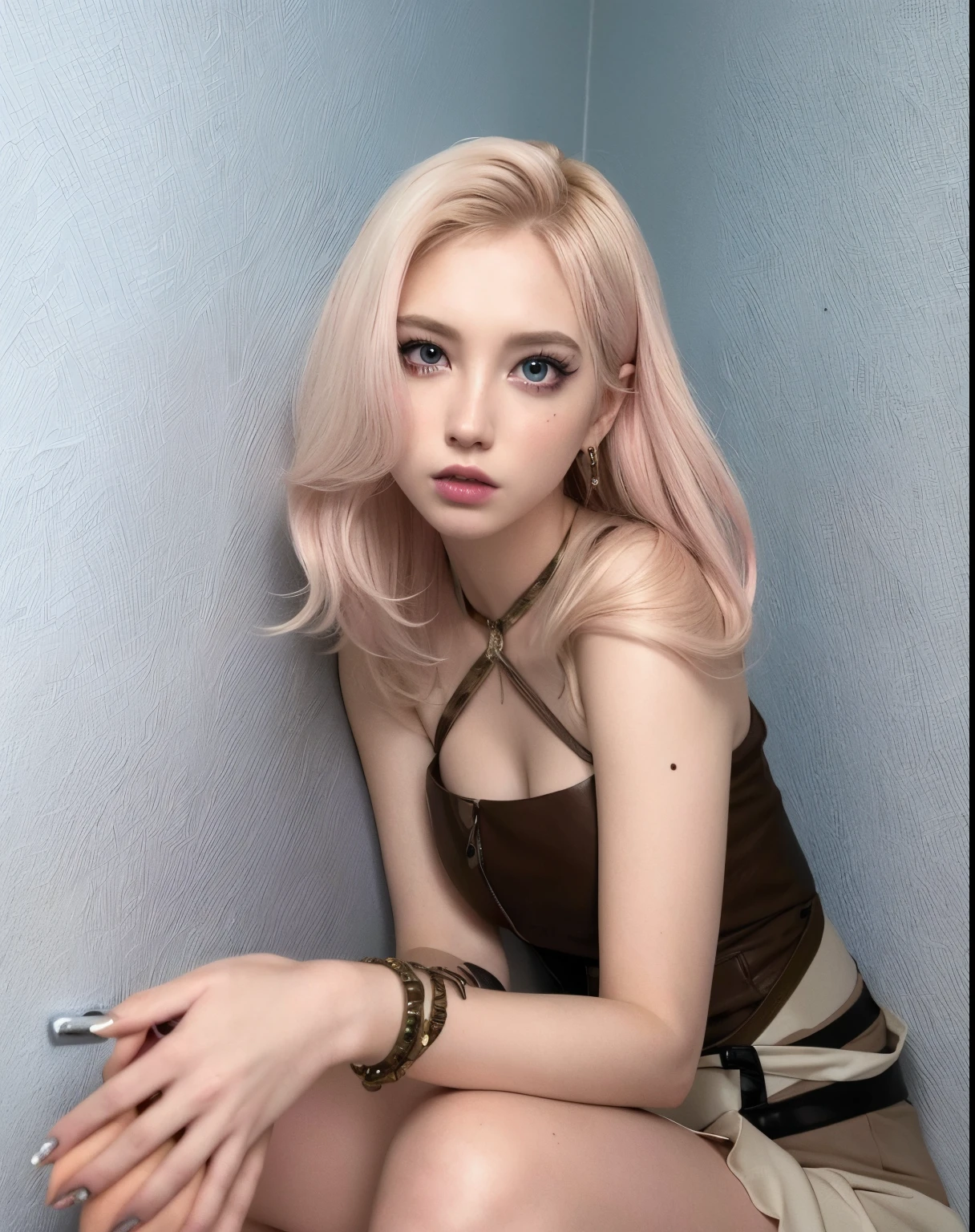 Blonde woman with pink hair sitting on a toilet in a bathroom., Tono de piel rosa pastel, extremely pale blond hair, ulzzang, pale fair skin!!, pale porcelain white skin, pale hair, Peinado blanco de corte hime, con cabello rosado, ivory pale skin, Sakimichan, con pelo largo blanco, con el pelo largo y blanco, Ava Max, rosa pastel