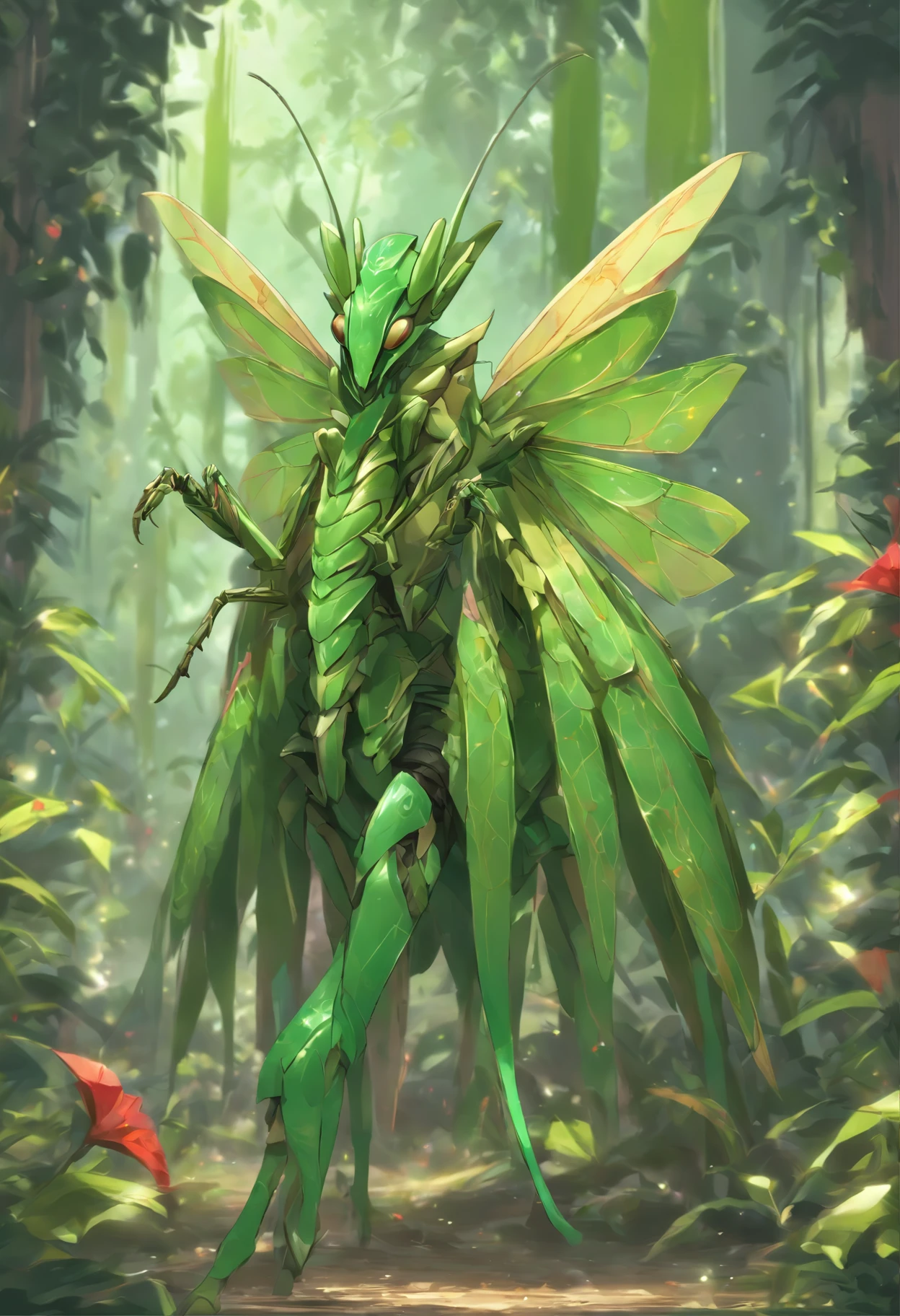 high quality rendering,(8K、Best quality at best、tmasterpiece:1.2)、(Endless realism、Photorealsitic:1.37)、hyper-detailing,hyper HD,A mantis magnified ten times,zerg,Live wallpaper,This is a painting of a praying mantis resting in a fantasy world,(Dark green insect carapace:1.2),(Exaggerated mantis forelimbs,Carapace with leaf texture:1.3),｛Death and Skeletons,three different elements, Time and Mantis, used to design this character.:1.4｝,monster hunter,((handsome insect,Wrapped in thick and powerful armor. The metal panels are decorated with intricate designs,This piece of armor accentuates the size of the scythe&#39;s forelimbs)),Insect characters in card games