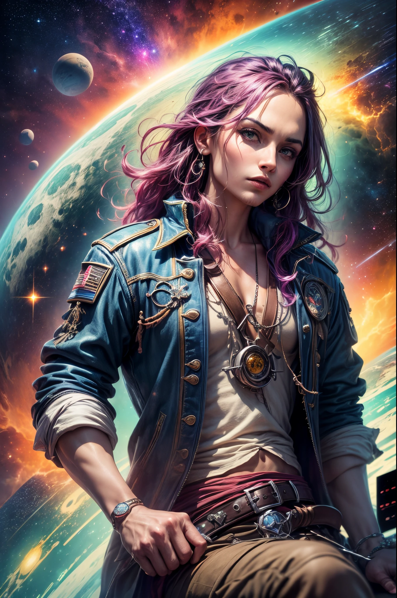 "((Steering wheel)) in Jack Sparrow's hands, piloting through space, ((vibrant space colors)), ((dynamic and cinematic pose)), ((otherworldly treasures)), ((captivating planetary backdrop)),