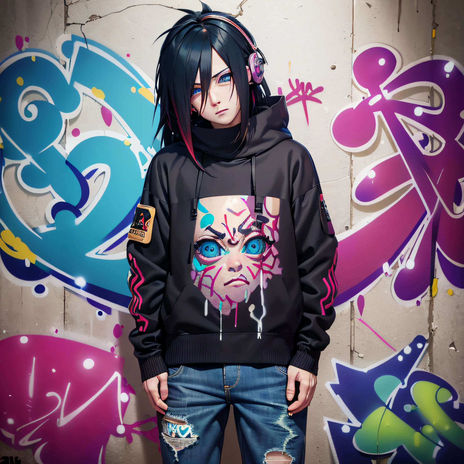 masterpiece, best quality, (extremely detailed CG unity 8k wallpaper, masterpiece, best quality, ultra-detailed, masterpiece, best quality, 1boy, solo, jacket top, denim pants,  (graffiti:1.5), paint splatter, arms behind back, against wall, looking at viewer, armband, thigh strap, paint on body, head tilt, bored, multicolored hair, aqua eyes, headset, Madara Uchiha, ,  clear eyes,
