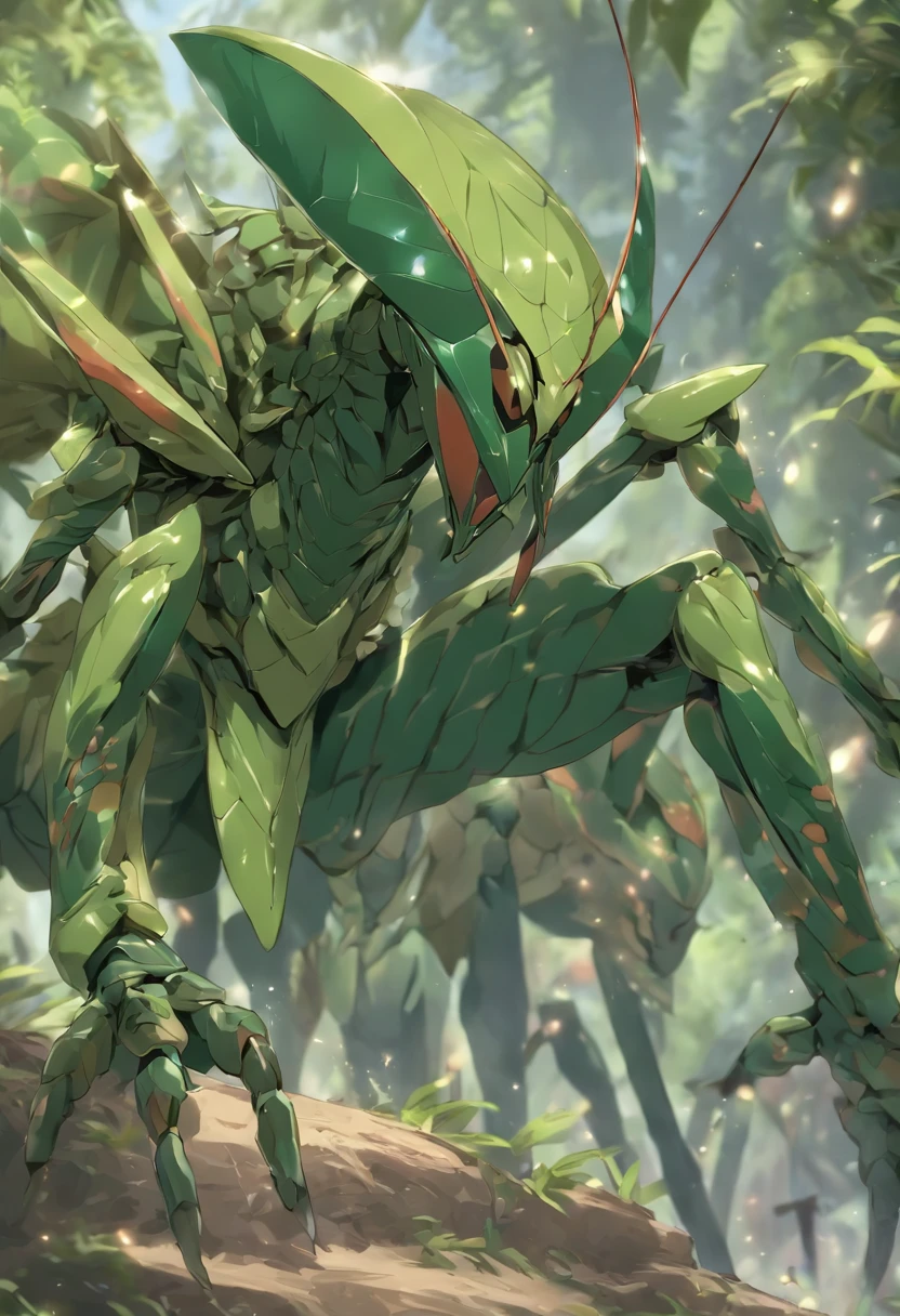 high quality rendering,(8K、Best quality、tmasterpiece:1.2)、(Endless realism、フォトリアリスティック:1.37)、hyper-detailing,hyper HD,A mantis magnified ten times,zerg,Live wallpaper,This is a painting of a praying mantis attacking an enemy,(Dark green insect carapace:1.2),(Exaggerated mantis forelimbs,Carapace with leaf texture:1.3),{Death and Skeletons,three different elements, Time and Mantis, used to design this character.:1.4},monster hunter,((handsome insect,Wrapped in thick and powerful armor. metal panels are decorated with intricate patterns,This armor highlights the massiveness of the mantis' forelimbs)),Insect characters in card games