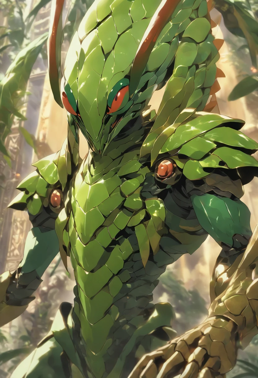 high quality rendering,(8K、Best quality、tmasterpiece:1.2)、(Endless realism、フォトリアリスティック:1.37)、hyper-detailing,hyper HD,A mantis magnified ten times,zerg,Live wallpaper,This is a painting of a praying mantis attacking an enemy,(Dark green insect carapace:1.2),(Exaggerated mantis forelimbs,Carapace with leaf texture:1.3),｛Death and Skeletons,three different elements, Time and Mantis, used to design this character.:1.4｝,monster hunter,((handsome insect,Wrapped in thick and powerful armor. metal panels are decorated with intricate patterns,This armor highlights the massiveness of the mantis&#39; forelimbs)),Insect characters in card games