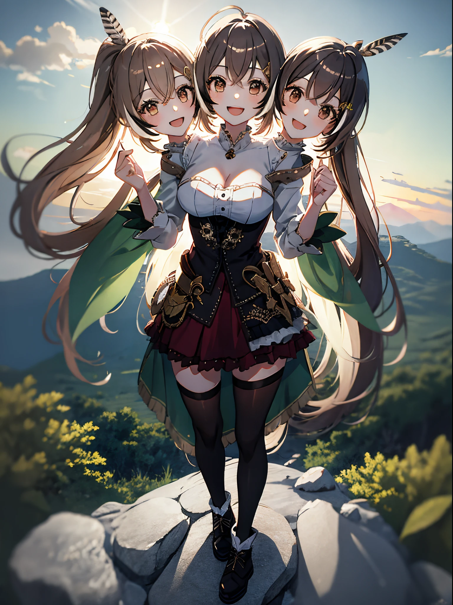 (masterpiece, best quality), best resolution, (3heads:1.5), 1girl, nanashi mumei, happy, relaxed, standing on a rock on a mountaintop, sunrise, dynamic angle, :D