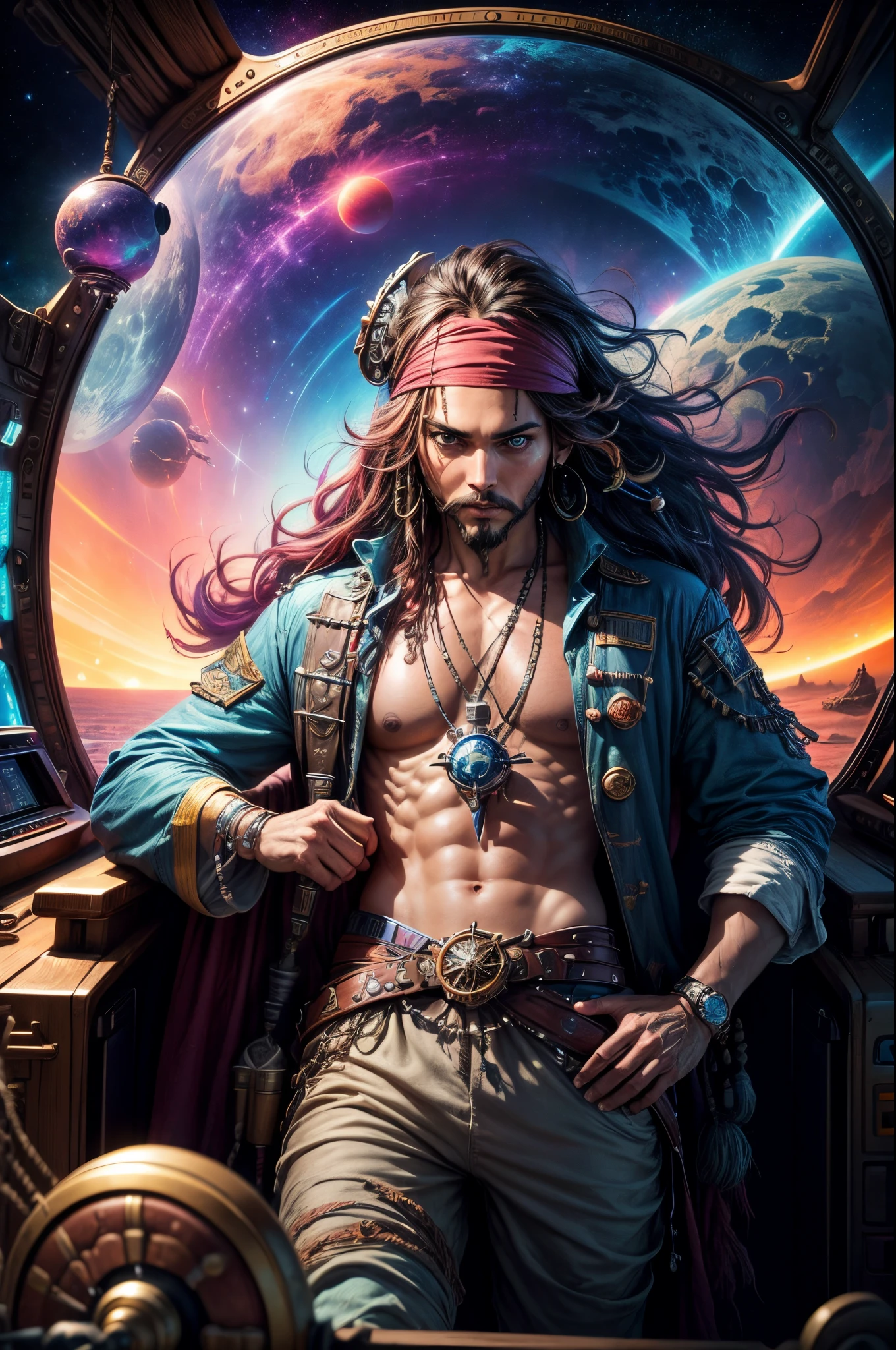 "((Steering wheel)) in Jack Sparrow's hands, piloting through space, ((vibrant space colors)), ((dynamic and cinematic pose)), ((otherworldly treasures)), ((captivating planetary backdrop)),