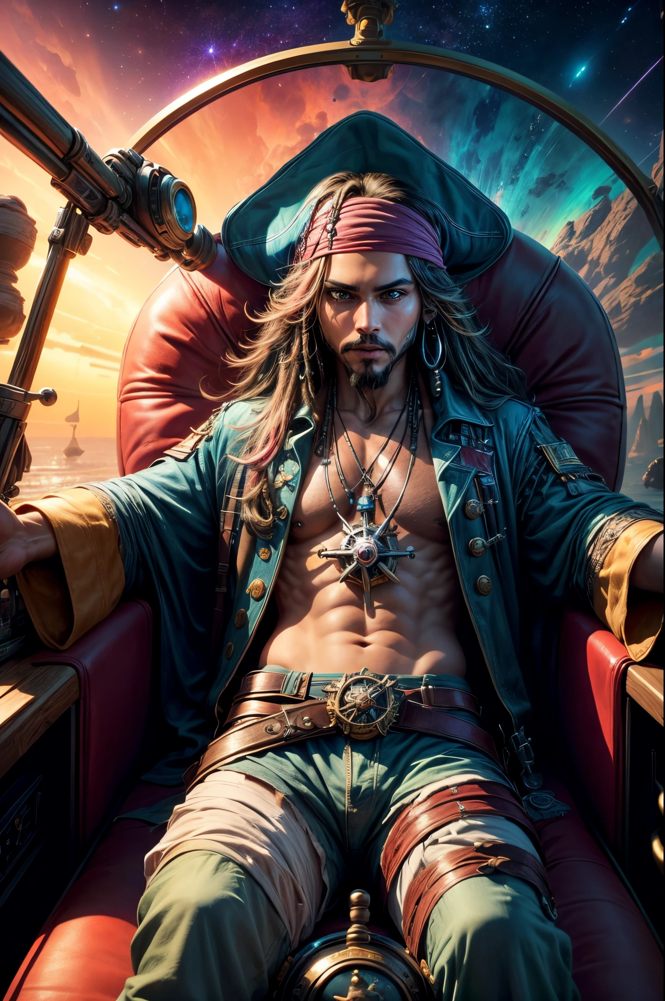 "((Steering wheel)) in Jack Sparrow's hands, piloting through space, ((vibrant space colors)), ((dynamic and cinematic pose)), ((otherworldly treasures)), ((captivating planetary backdrop)),