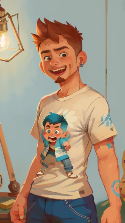 Um jovem (30 anos) parado na frente, corte de cabelo tipo eminem (Buzz cut), Cor do cabelo preto e dos olhos castanhos, cavanhaque estilo Tony stark (But I don't want tony stark but the style of the goatee ), Blusa de frio azul e por baixo um camiseta branco, sorrindo levemente, (lembrando quero o cabelo estilo eminem (buzz cut) e cor do cabelo preto),illuminated by the light of a lamp, contra o pano de fundo de uma biblioteca