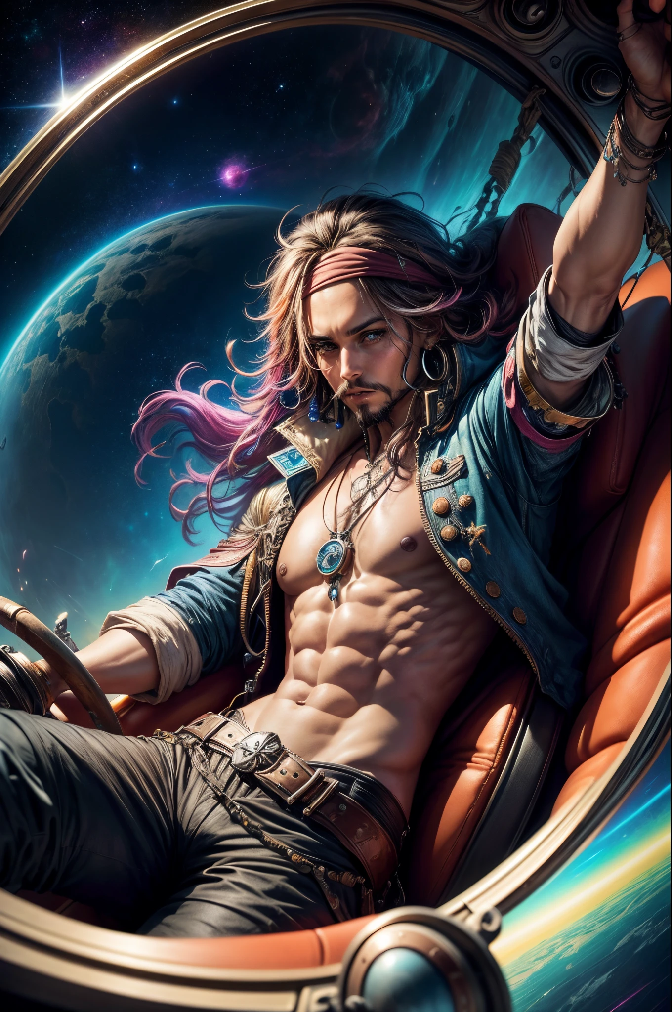 "((Steering wheel)) in Jack Sparrow's hands, piloting through space, ((vibrant space colors)), ((dynamic and cinematic pose)), ((otherworldly treasures)), ((captivating planetary backdrop)),
