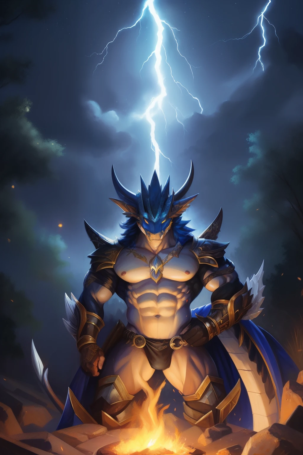 [(fondo blanco:1.5),::7] Hexagon, Zinogre, Dragon, , bolas, , magic light, (En pie,Brazo levantado), Plano medio, cuerpo completo, en el bosque, (lightning,lluvia,viento), Cielo, Luna detallada, light particles, Noche, cielo estrellado, (por Kenket)(por Pino Daeni), muscular, soltero, escamas azules, penile erection
