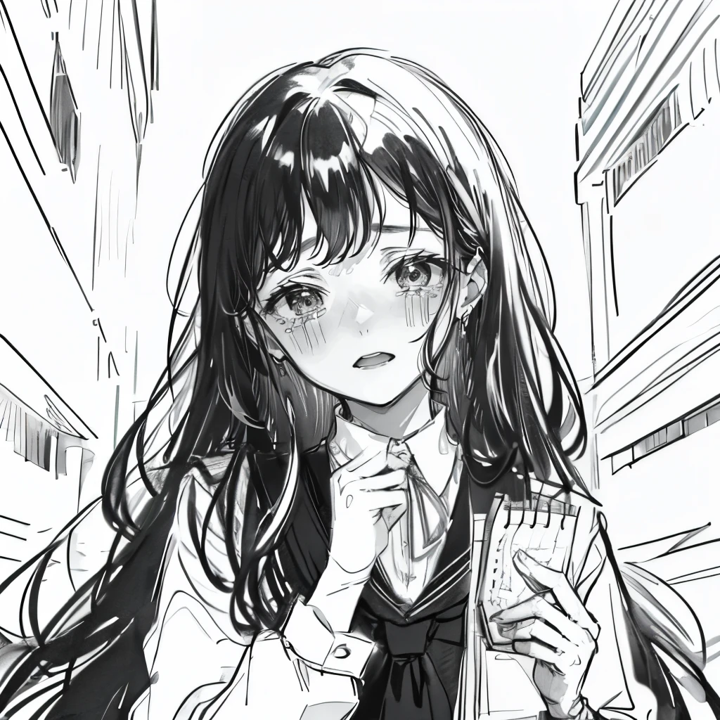 (((no colors, colorless:1.7, black and white, colorless manga))), absurdres, highres, ultra detailed, (1girl:1.3) , Illustrate a scene featuring adorable animal characters, with expressive faces, cute outfits, and a playful, excited crowds, and a sense of fun and adventure , Design a scene of a subject enjoying time with their black cat, capturing the joy, affection, and companionship they share , Create an image reflecting the cutting-edge nature of contemporary art, with innovative techniques, challenging concepts, and a bold exploration of the medium, (((1girl, studen girl, long hair, black hair, potrait, school uniform, worrying, line drawing, sketch, open mouth, crying, scared, trembling)))