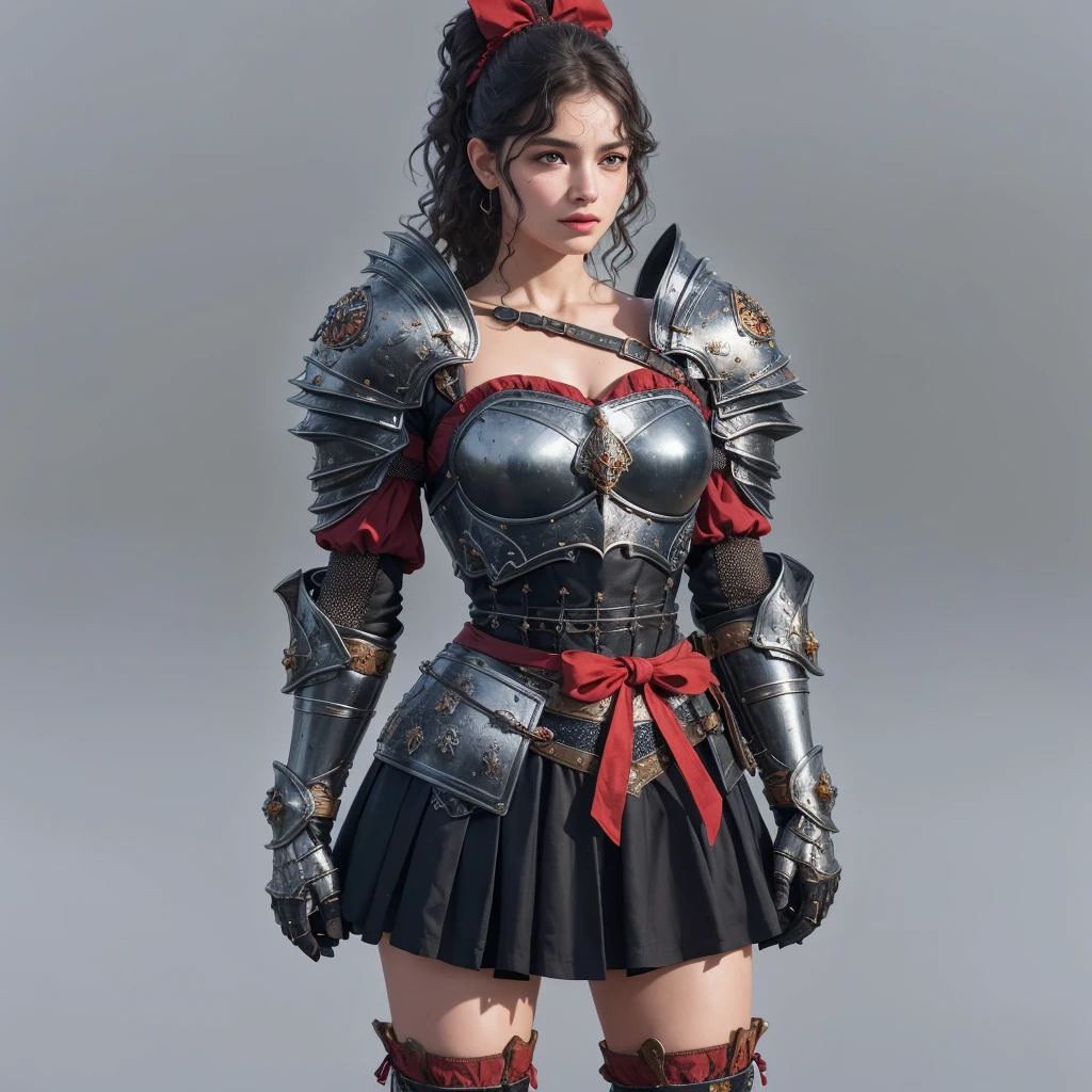 "menina medieval,rosto detalhado,rosto delicado,corpo atletico,Textura ultrarrealista,(best quality,4k,8k,alto,master part:1.2),ultra-detalhado,(Realistic,fotorrealista,photo-realistic:1.37),oil painting,lindamente adornado,armadura cintilante,ornate patterns,olhar forte e confiante,fluttering curly hair,expressive eyes and eyelashes,Soft and flawless skin,cores vibrantes,vivid illumination,castelo iluminado pelo sol ao fundo,paisagens naturais calmantes,medieval fantasy setting"