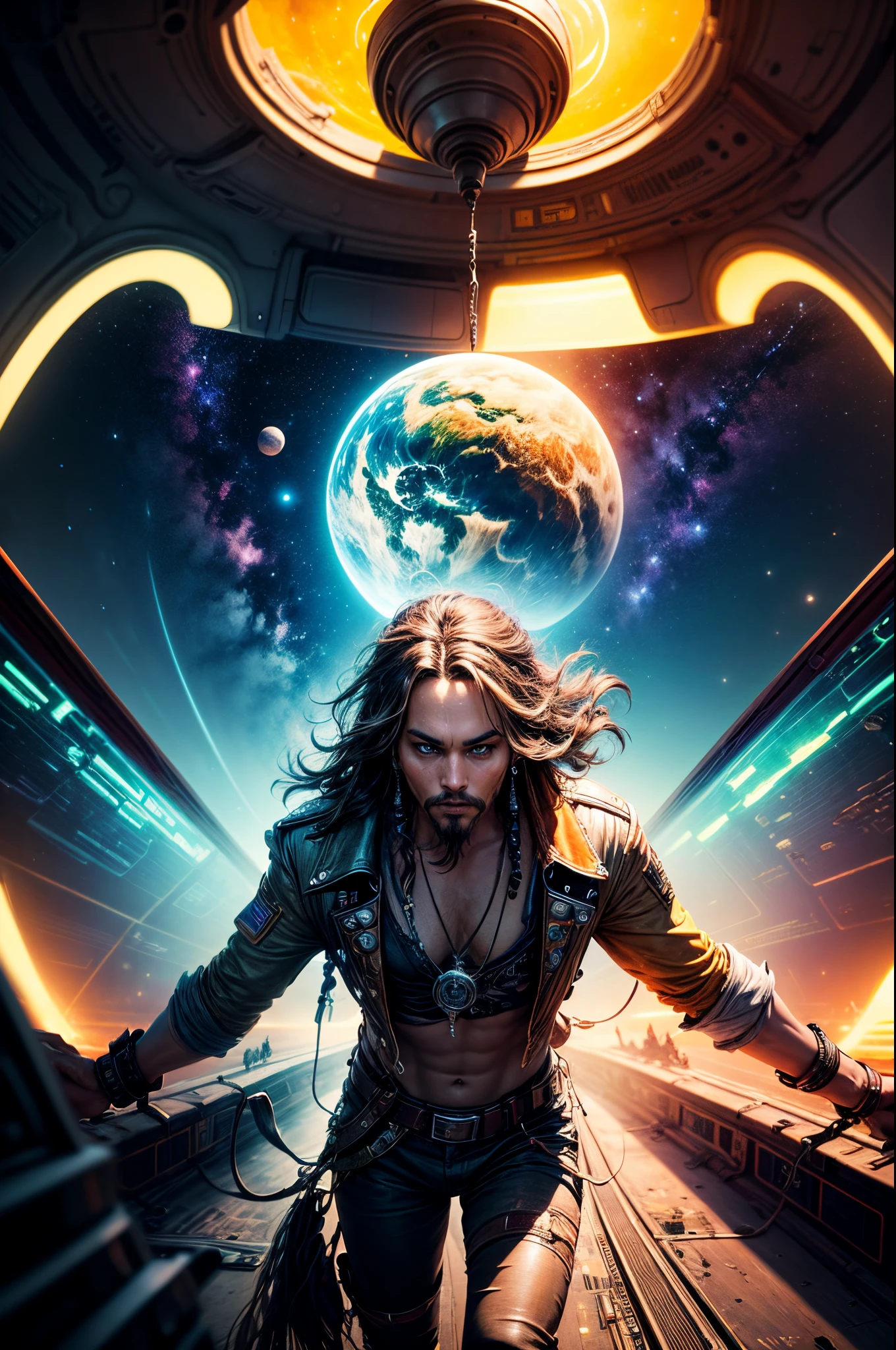 "((Steering wheel)) in Jack Sparrow's hands, piloting through space, ((vibrant space colors)), ((dynamic and cinematic pose)), ((otherworldly treasures)), ((captivating planetary backdrop)),