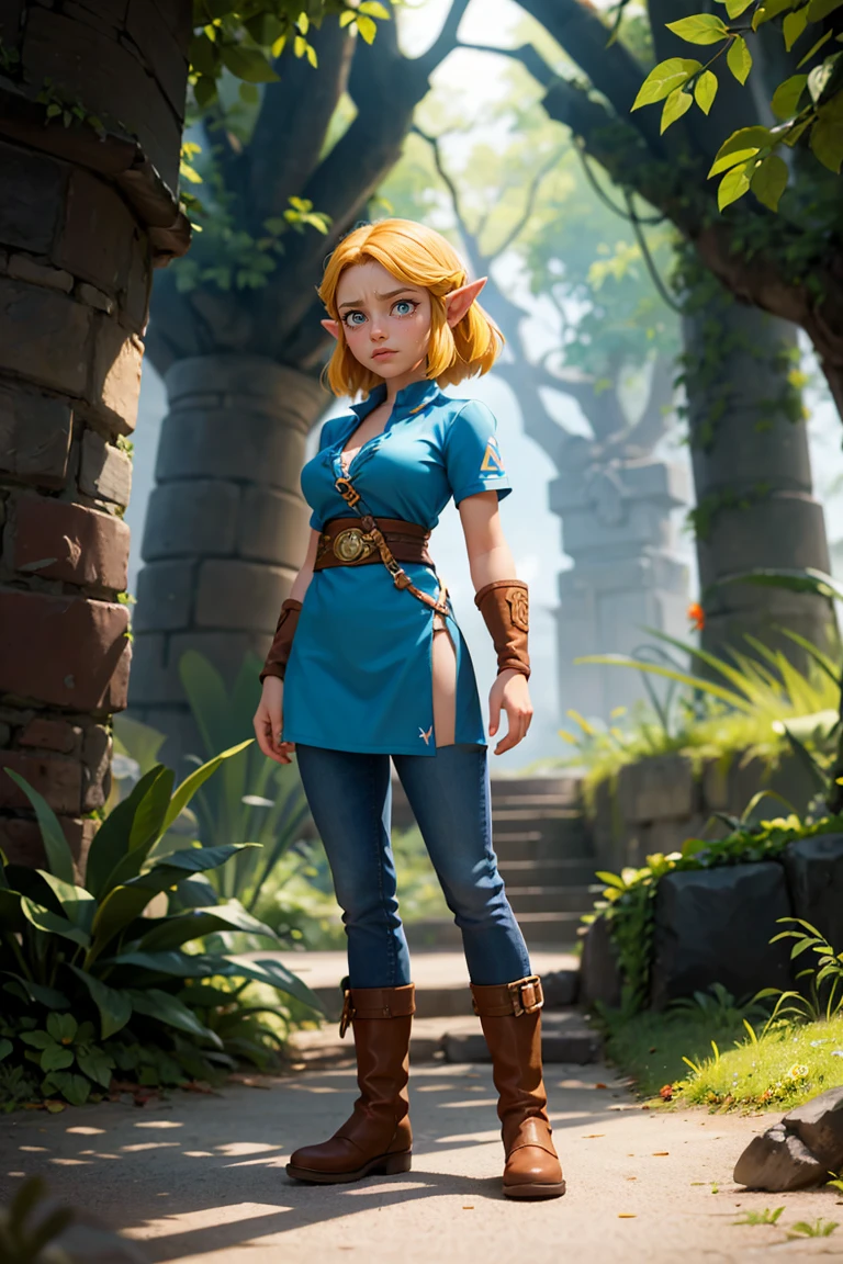 Princesa Zelda, 1个Giant Breast Girl, Pedido do artista, Tira de Obi, blonde hair, camisa azul, Nerds, Botas, expressionless face, corpo inteiroesbian, olhos verdes, A high resolution, olhando para o espectador, magia, Nintendo, Slacks, orelhas pontudas, A camisa, cabelo curto e detalhado, Backgound simples, soio, Lenda de Zelda, Lenda de Zelda: Sopro da Natureza, Lenda de Zelda: kingdom of tears, flor feita de luz, magia