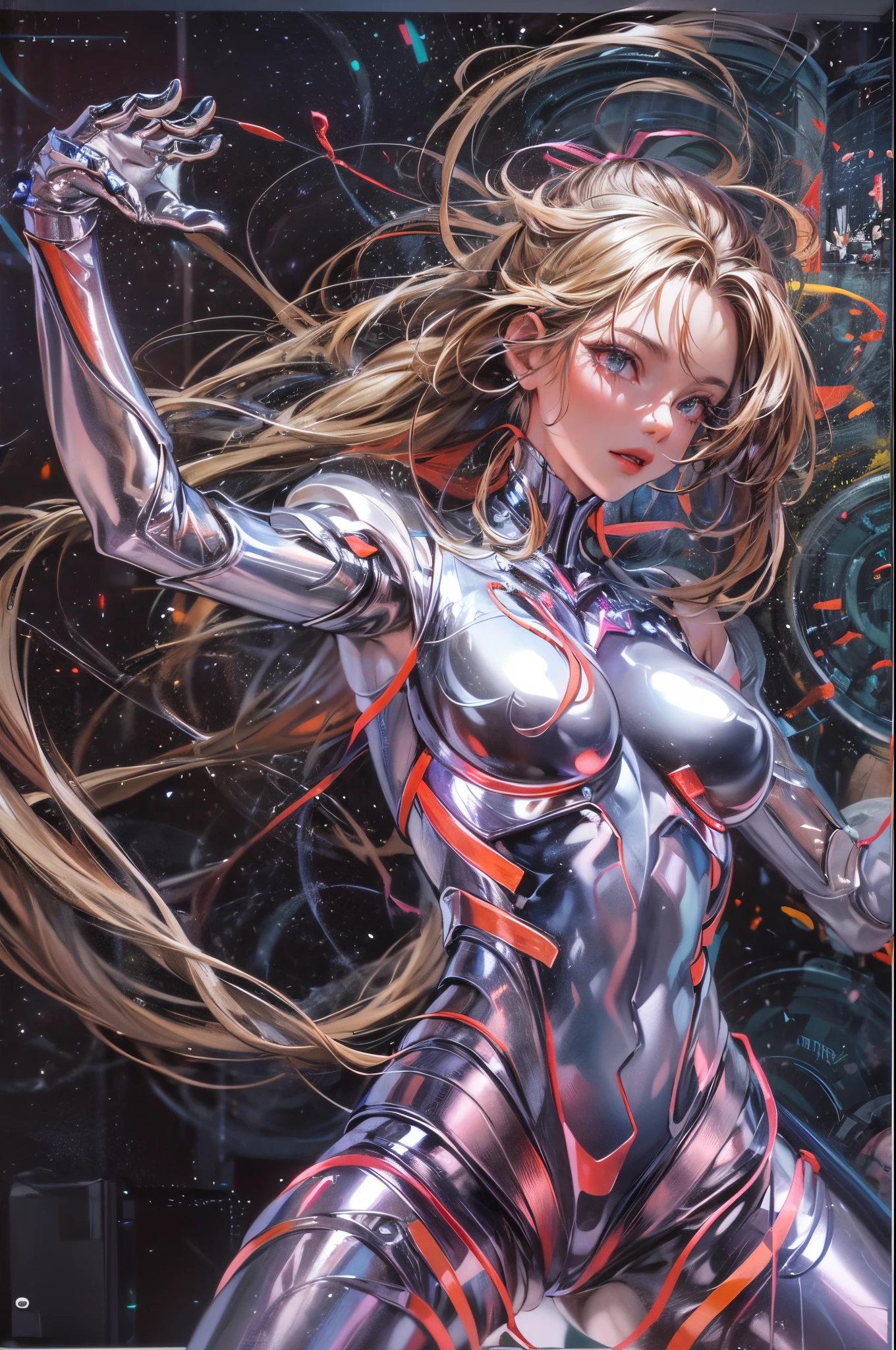 a beautiful young girl tangled hair, detailed face, dynamic pose, dancing while making the creation of the universe, painted by Hajime Sorayama robot,
perfect hands,chrometech ,More Detail,metallic