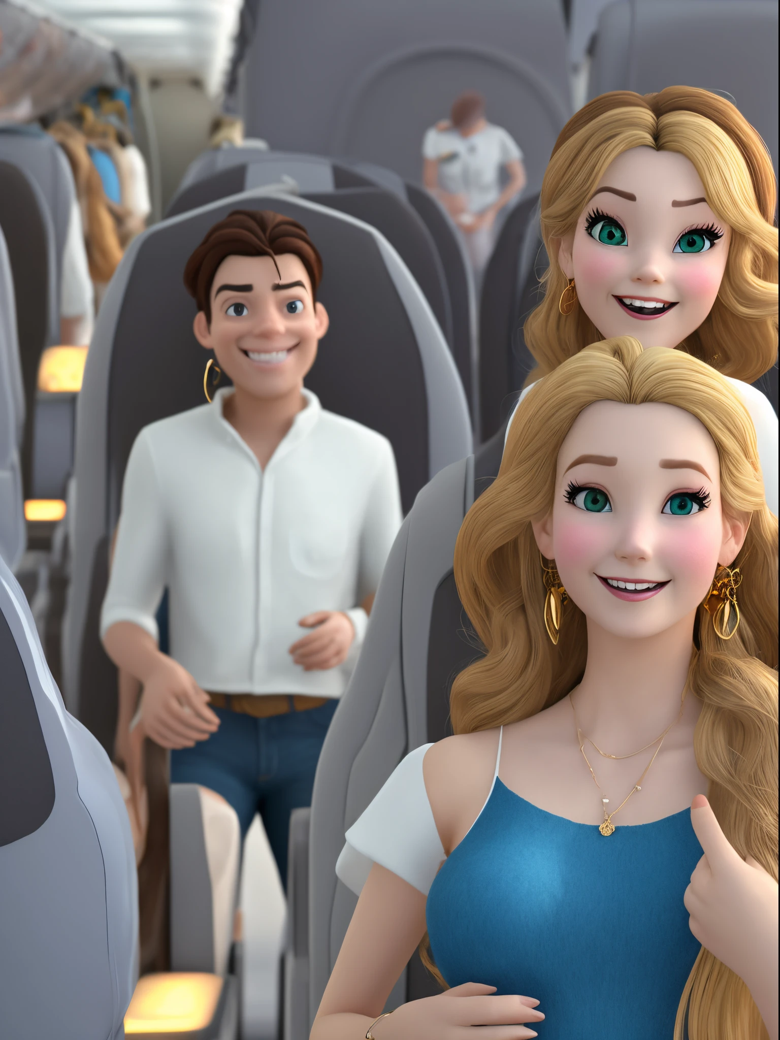 "a Disney/Pixar poster for the movie "He's not real!!!", style of 3D animated movies, sectional view fuselage of plane with blonde pretty woman with light brown hair tied in a low bun, looking shocked and pointing down aisle with jaw open dark gray cami belly shirt blue jeans with holes two gold bracelets on left arm, two fingers pointed outward, small gold hoop earings, in the aisle between seats with people on an airliner, behind her a smiling lizard human hybrid"