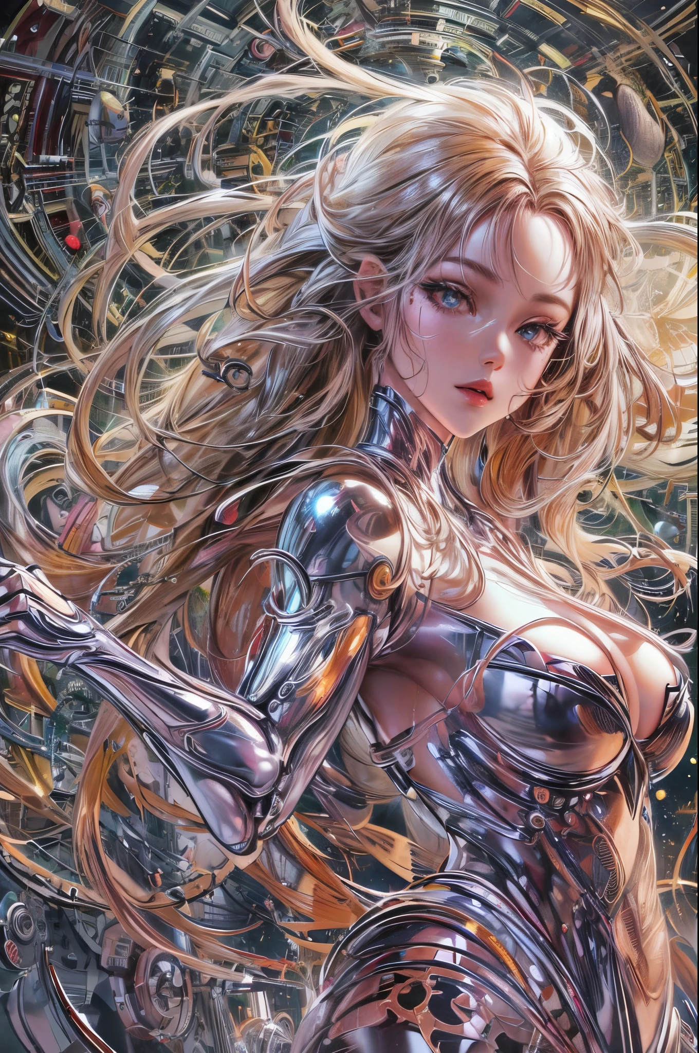 a beautiful young girl tangled hair, detailed face, dynamic pose, dancing while making the creation of the universe, painted by Hajime Sorayama robot,
perfect hands,chrometech ,More Detail,metallic