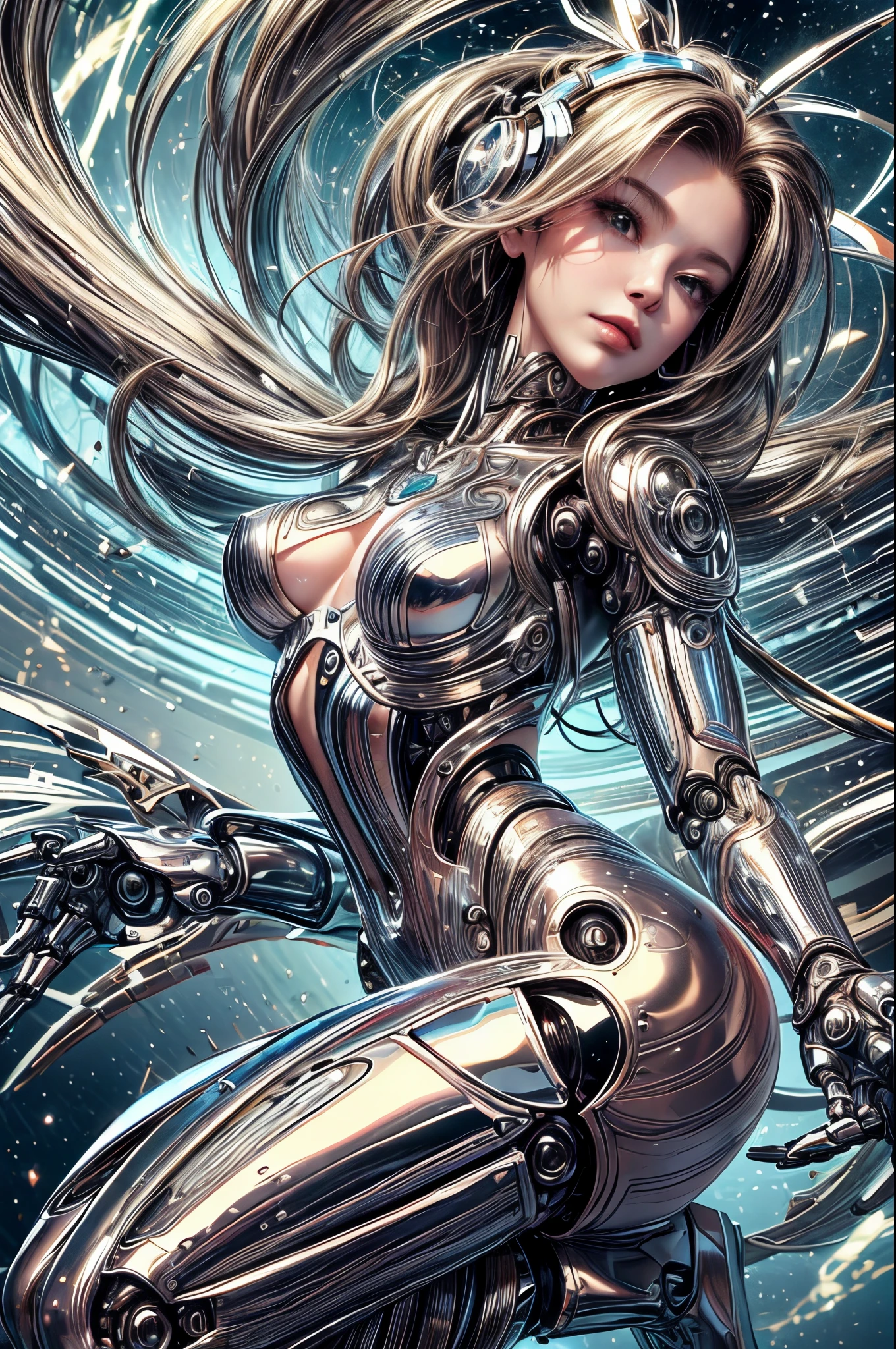 a beautiful young girl tangled hair, detailed face, dynamic pose, dancing while making the creation of the universe, painted by Hajime Sorayama robot,
perfect hands,chrometech ,More Detail,metallic