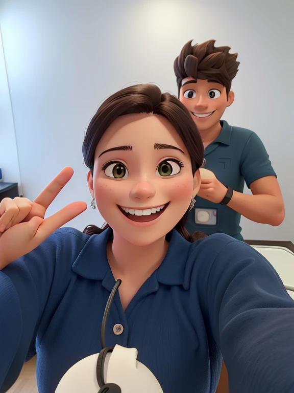 There is a woman who smiles and makes the peace sign., happily smiling at the camera, y un hombre peinando a la mujer, 8k selfie photograph, Tomada en Go Pro Hero8, Foto de perfil de la foto de cabeza, she is smiling and excited, Foto Selfie, winking at the camera, smiling at camera, Pose satisfecha, Capturado en iPhone, Selfie!!!!!, smiling for the camera