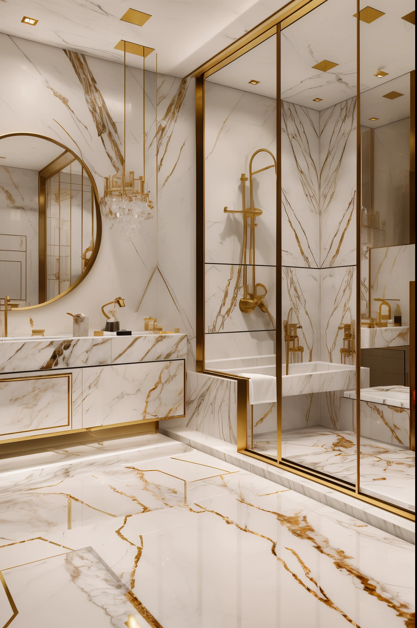 arafed bathroom with a marble counter and a glass shower, gold and luxury materials, premium bathroom design, luxurious environment, luxurious, luxury hd render, elegant and refined, extremely opulent, marble and wood and glass, marble and gold, modern bathroom, luxury and elite, modern look, smooth marble surfaces, exquisite marble details, modern style, excellent 3d render