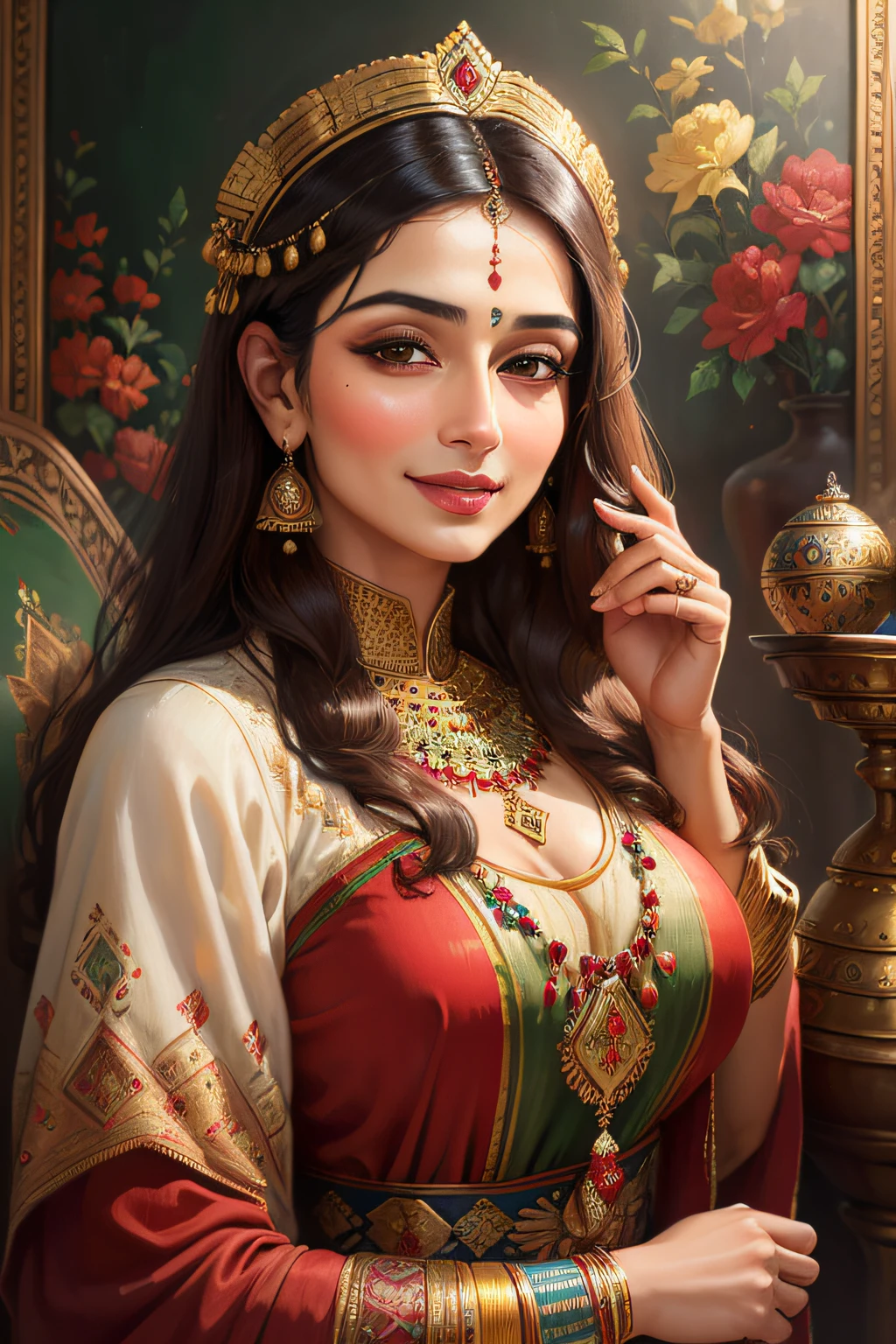 ((best quality)), ((masterpiece)), ((realistic)), Persian woman, elegant attire,traditional Clothes, radiant smile, confident stance, cultural pride, (oil painting:1.2), (Kamal-ol-molk
:1.1), vivid colors, nostalgic background, authentic vintage feel, (portrait composition:1.3), (high-resolution:1.2)