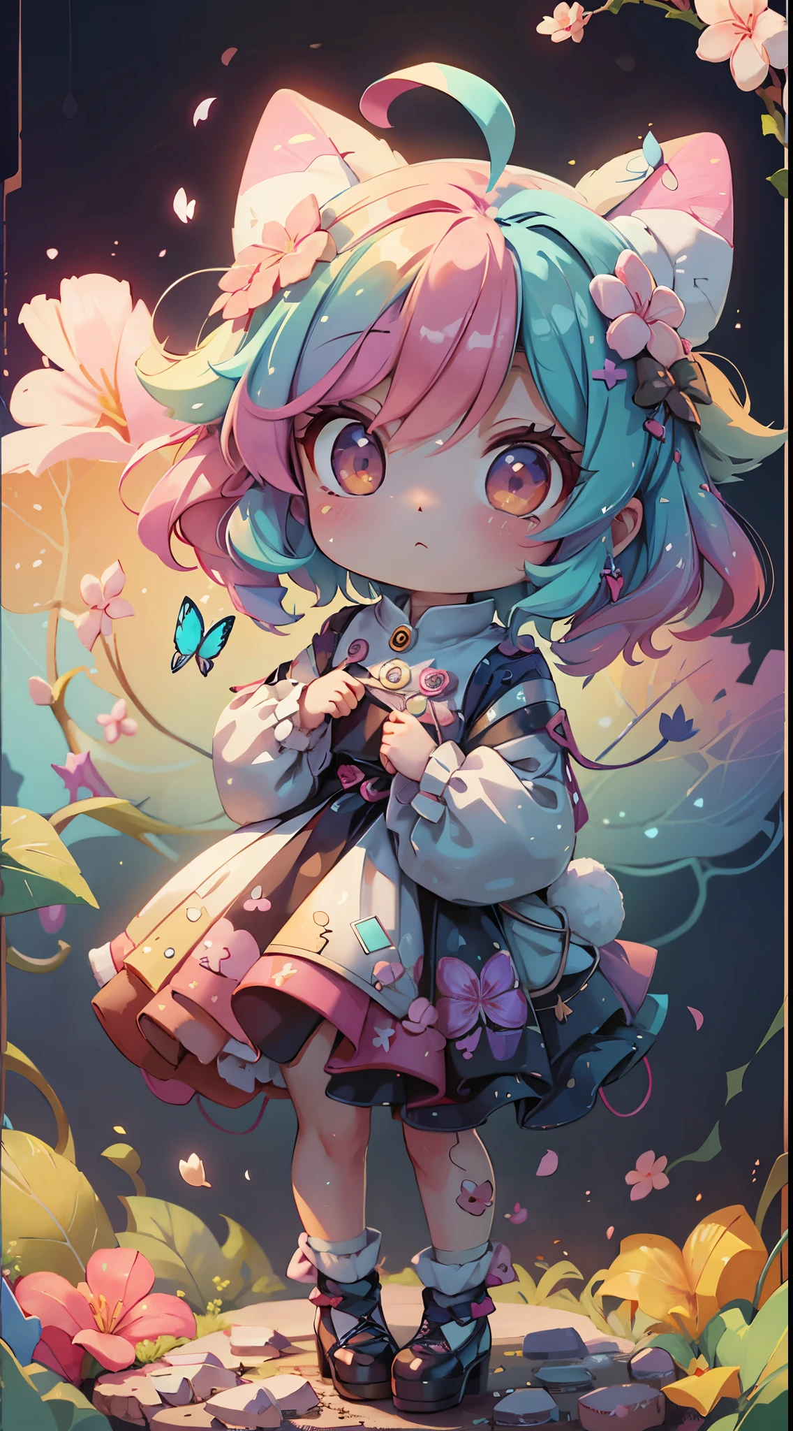 Perfect CG unity 8K UHD QUALITY RESOLUTION WALLPAPER plastican00d， 1bunnygirls， Chibi T-Shi，rainbow colored hair， Luxury fabrics，Harajuku style， dither,  cherry blossom and butterfly texture，Profound， looking at the spectator， cosmic atmospheric background