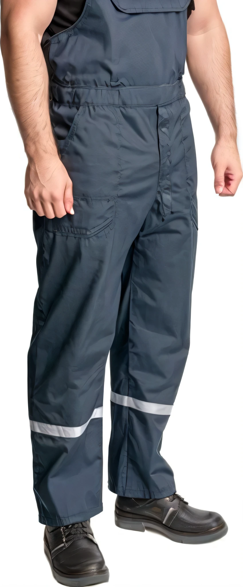 un primer plano de un hombre con un traje de trabajo con un fondo blanco, Ropa de trabajo, pantalones grandes, pantalones cargo, pantalones negros empapados, con dos bolsillos frontales, Pantalones de zirconio, Material reflectante, Ropa de trabajo, Detalle de profundidad, Vista de altura completa, Vista de longitud completa, calzones, Detalle extremo, Usando pantalones cargo, detalles visibles, pants, Ultra - detalle