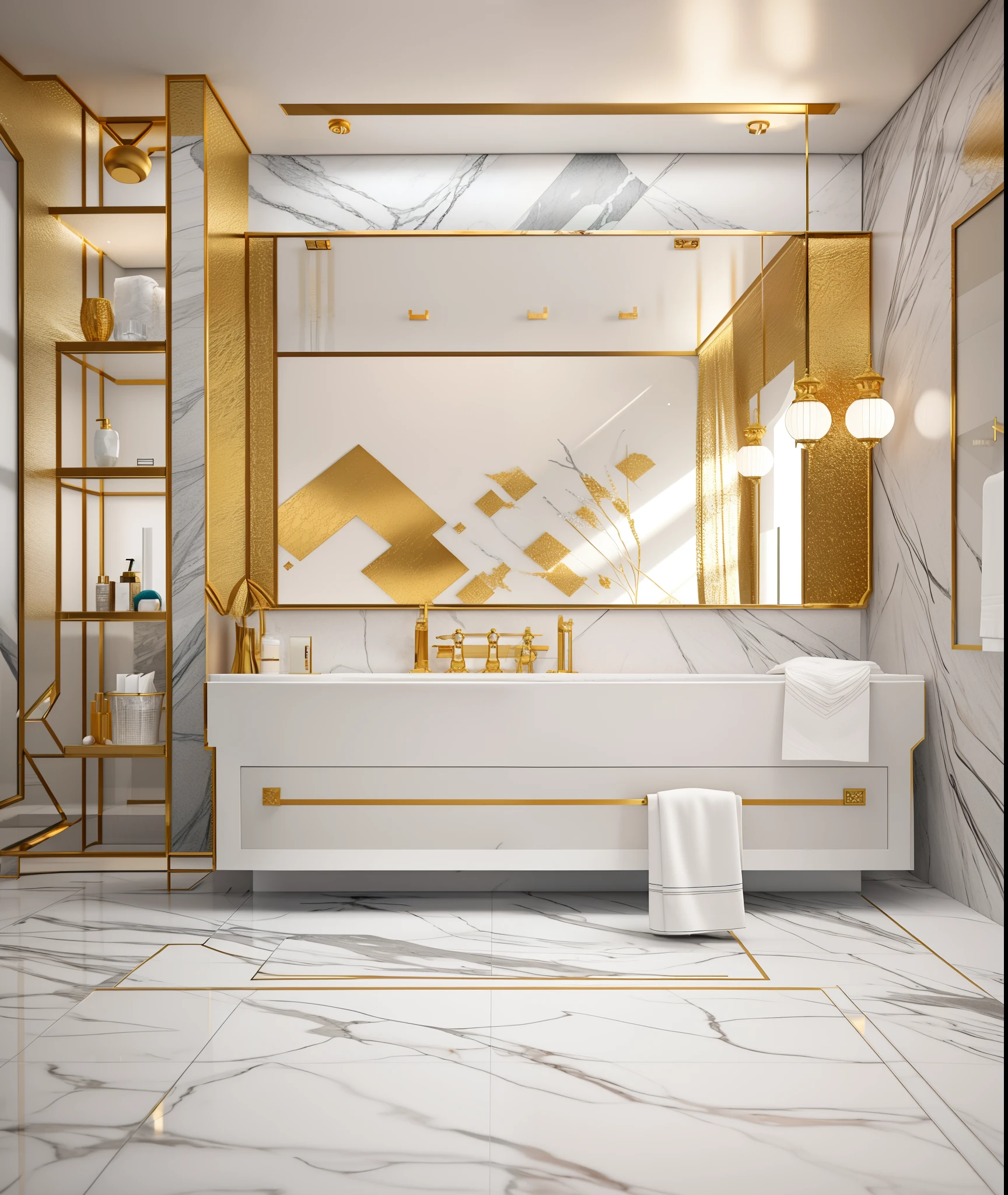 a large bathroom with a marble counter top and a large bathtub, premium bathroom design, modern bathroom, luxurious, luxury hd render, extremely opulent, gold and luxury materials, beauteous sumptuous, high quality 3d render, high quality 3 d render, modern style, luxurious environment, professional 3d render, excellent 3d render, high quality rendering