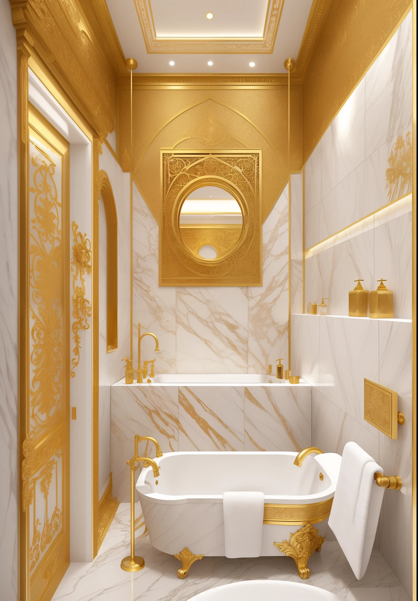 there is a white toilet sitting in a bathroom next to a bathtub, baroque marble and gold in space, wooden walls brass panels, elegant and ornate, ornate and elegant, gold and luxury materials, ornate and detailed, magnificent design, extremely opulent, gold leaf art, ornate gold, wood and gold details, ornate art, exquisite details, elegant and refined