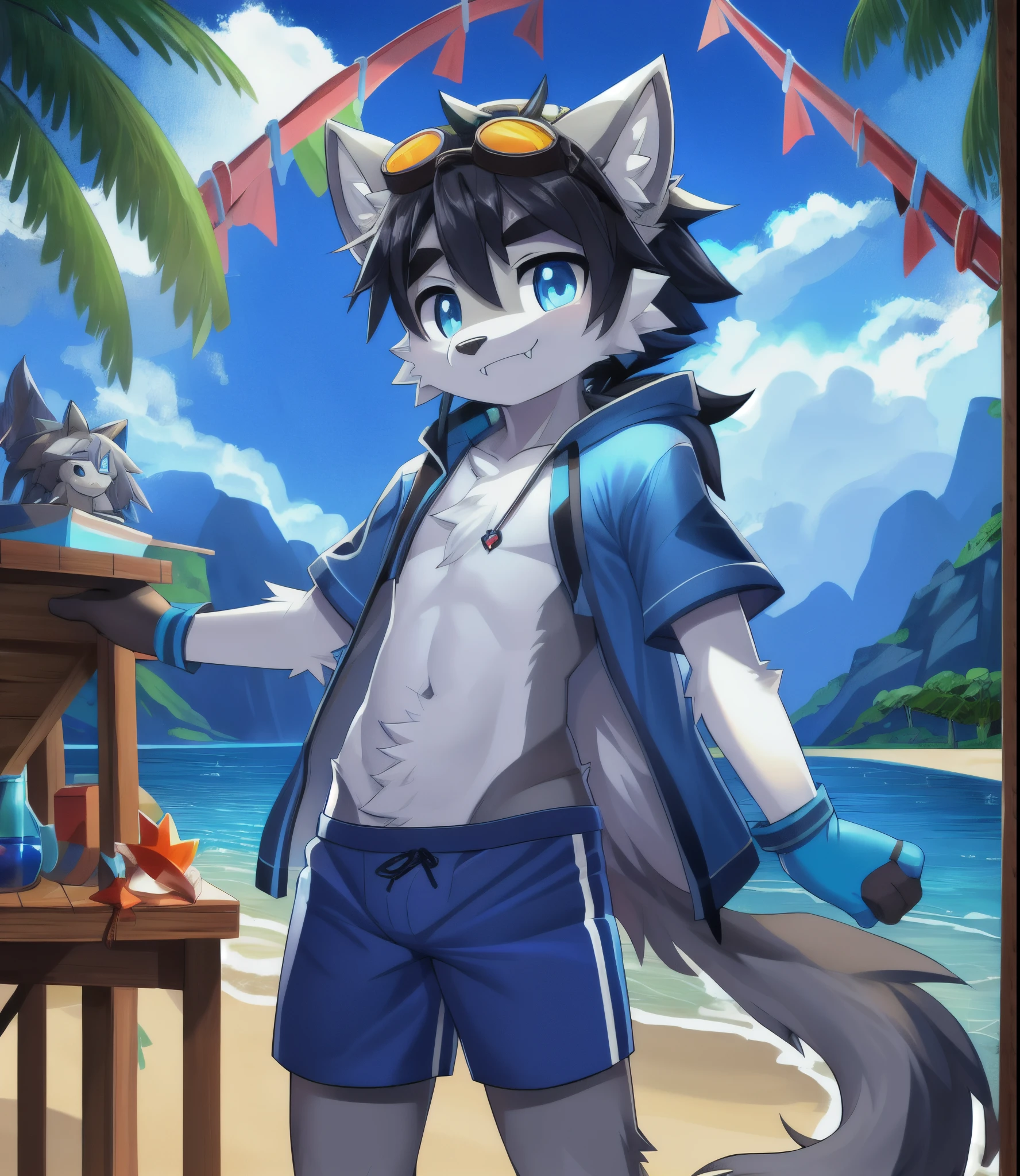 Furry Shota, young, coyote, brunette color hair, Long spiked ponytail, Detailed body fur, Blue Hawaiian shirt, Open your clothes, Black swimming trunks, goggles, tmasterpiece, looking at you, bucktooth, Transparent gray body hair, 详细的脸, big eyebrows, A detailed eye, Detailed body, No muscles, sea beach, sunny clear sky, Detailed hands, Flat body, glistening body, Skinny, Claws have three toes, Detailed paws, no shadow