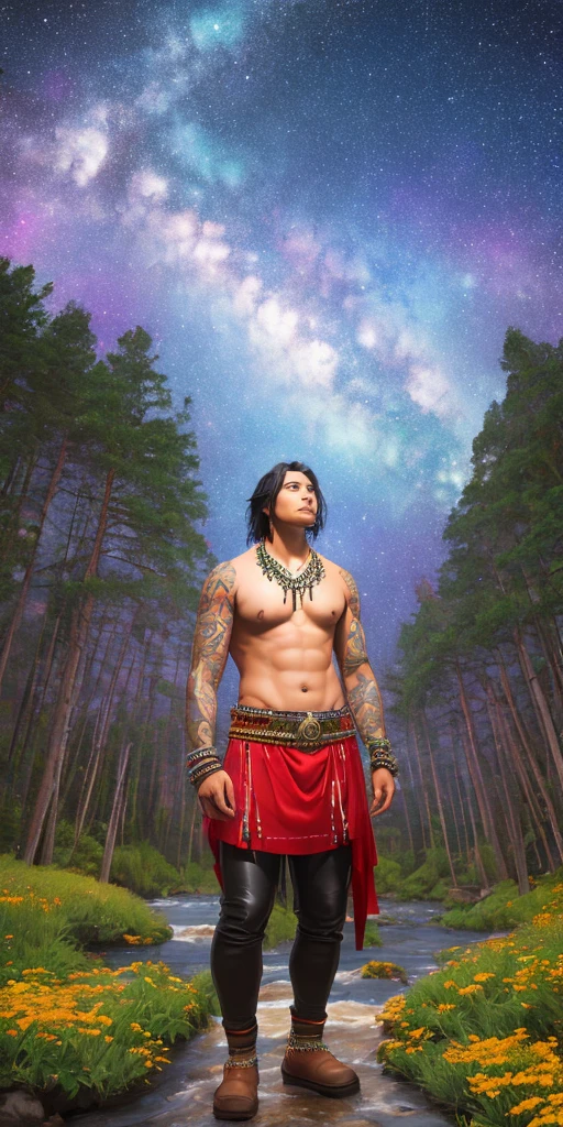 Wide landscape photo of a Strong proud indigenous male warrior standing in a forest with a swirling starry night sky, galaxy, forest, glowing flowers, towering trees, water way, flowing creek, no shirt, wearing long brief cloth, beaded necklace, red skin tattoos, wearing knee-high leather moccasins, bear claw necklace, high definition, 8K