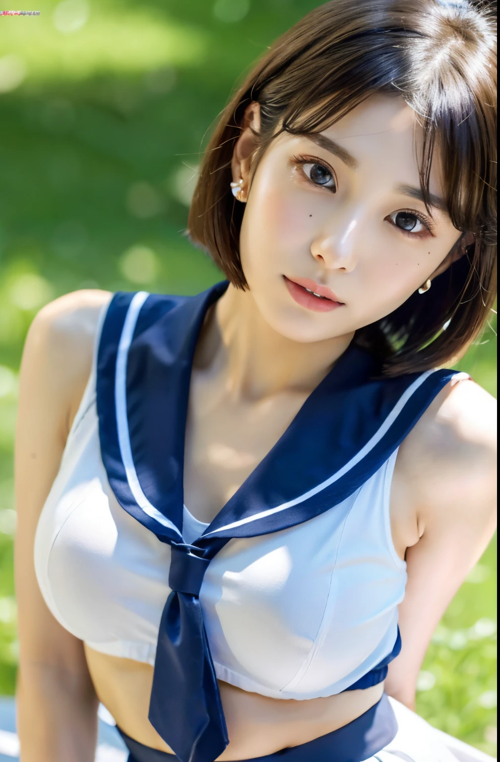(((very huge round breasts))), (full body shot), short hair, wavy hair, (school uniform, summer school uniform shirt), skirt, sleeveless, RAW photo, extremely delicate and beautiful, masterpiece, Best Quality, ultra high resolution, 16k, hyperrealistic, ultra-detailed, Very detailed CG 8k wallpaper, Beautiful Lighting, Perfect Lightning, Realistic Shadows, perfect anatomy, super Detailed shiny skin, perfect figure, Japanese woman, late 20s, very Slim body, narrow waist, very small head, handsome detailed woman, very detailed eyes and face, realistic face proportions, Stunning detailed eyes, Realistic beautiful face, very small face, Realistic small beautiful eyes, double eyelids, makeup, tearful mole, mole on chest, earring,