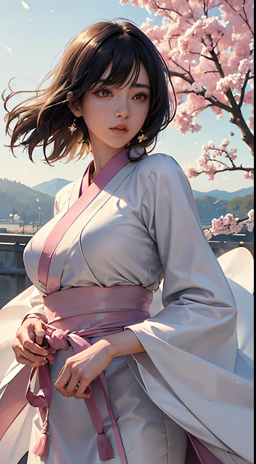 (A logo、masterpiece、8K、masutepiece、Raw photo、Fantastic、Best Quality、Photorealistic、extremely detailed CG unified 8k wallpaper、hightquality、ighly detailed、epic poem、Particle effect、Dynamic effects、depth of fields、Cinematic Light、Lens Flare、Ray tracing)、Fantasia、 (1 beautiful woman in a white coat、robe blanche、Japanese dress、A dark-haired、Beautiful face、Real Face、Beautiful detail eyes、Beautiful skin)、Hair flutters in the wind、Hair jumps、Pink cherry blossom tree、Petals flutter、Sakura blizzard、Superb view、morning glow、Sun in the background、the wind、Deities、tusk、myth、Vast Land、