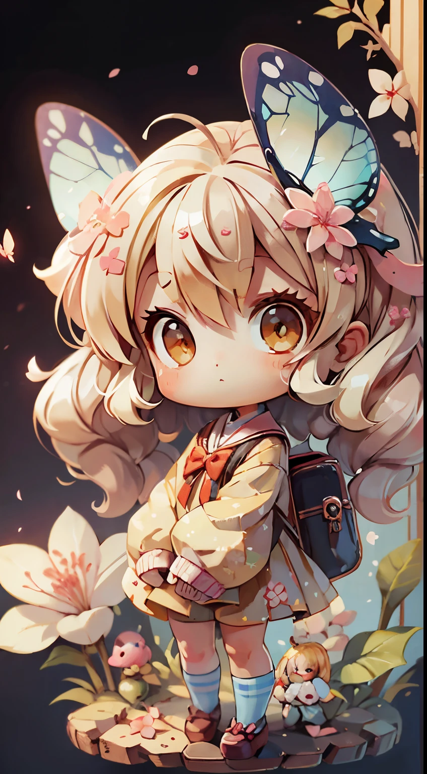 plastican00d, 1girls, Chibi T-Shi,blonde hair, Luxury fabrics,Harajuku style, dither, Cherry blossom and butterfly texture,Profound, looking at the spectator, Striped background