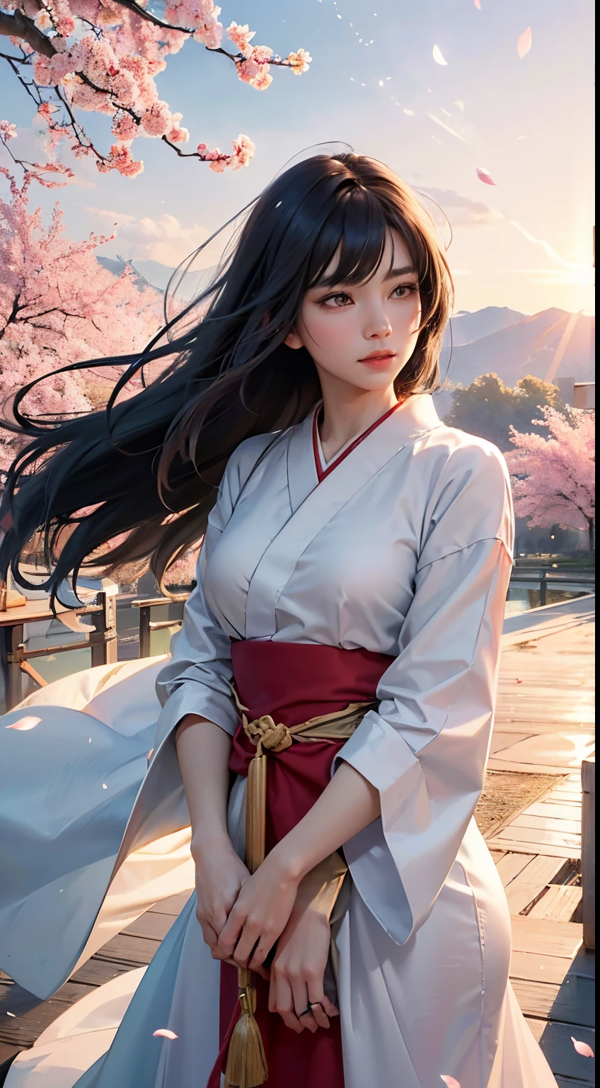 (A logo、masterpiece、8K、masutepiece、Raw photo、Fantastic、Best Quality、Photorealistic、extremely detailed CG unified 8k wallpaper、hightquality、ighly detailed、epic poem、Particle effect、Dynamic effects、depth of fields、Cinematic Light、Lens Flare、Ray tracing)、Fantasia、 (1 beautiful woman in a white coat、robe blanche、Japanese dress、A dark-haired、Beautiful face、Real Face、Beautiful detail eyes、Beautiful skin)、Hair flutters in the wind、Hair jumps、Pink cherry blossom tree、Petals flutter、Sakura blizzard、Superb view、morning glow、Sun in the background、the wind、Deities、tusk、myth、Vast Land、