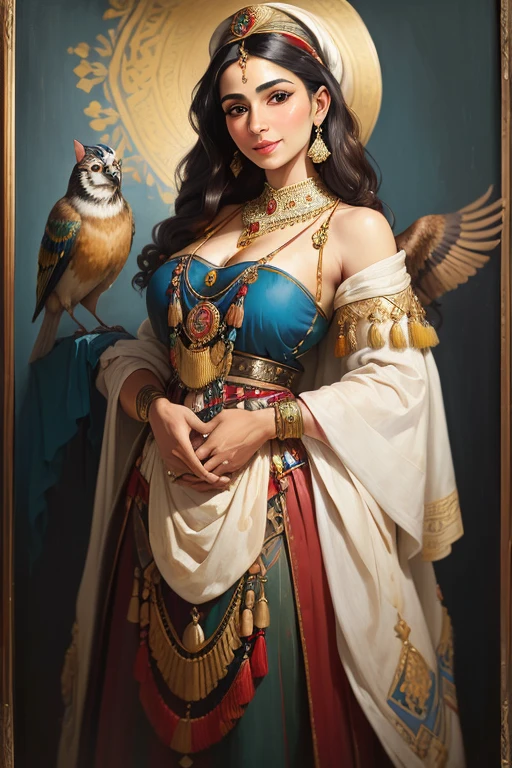 ((best quality)), ((masterpiece)), ((realistic)),  ((half length portrait)) of a Persian woman with a bird on shoulders , portriat from the waist up, elegant attire,traditional Clothes, radiant smile, confident stance, cultural pride, (oil painting:1.2), vivid colors, nostalgic b&w background, authentic vintage feel, (portrait composition:1.7), (high-resolution:1.2)