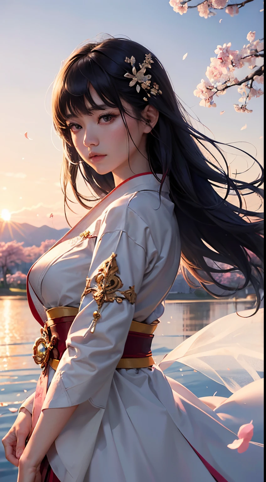 (A logo、​masterpiece、8K、masutepiece、Raw photo、Fantastic、Best Quality、Photorealistic、extremely detailed CG unified 8k wallpaper、hightquality、ighly detailed、epic poem、Particle effect、Dynamic effects、depth of fields、Cinematic Light、Lens Flare、Ray tracing)、Fantasia、 (1 beautiful woman in a white coat、robe blanche、Japanese dress、A dark-haired、Beautiful face、Real Face、Beautiful detail eyes、Beautiful skin)、Hair flutters in the wind、Hair jumps、Pink cherry blossom tree、Petals flutter、Sakura blizzard、Superb view、morning glow、Sun in the background、the wind、Deities、tusk、myth、Vast Land、