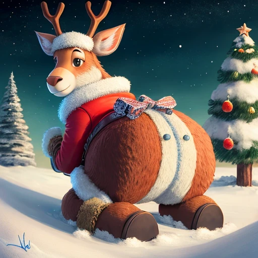 (((((Rudolph the reindeer))))), solo, male, gay, Santa reindeer, reindeer, furry, young, antropomorfic, girly, no hair, cub, child, sfw, sky, (((((Santa's sleigh))))), inside the sleigh, on the sleigh bench, head out of the sled, night sky, full moon, white moon, chest horizontally, big ass, red nose, naked, red collar whit yellow round bells, red bracelet with yellow round bells, red harness, red bridle, embarrassed, shiny ass, almost side view, butt focus, bubble butt, cartoon style, big eyes, shining eyes, shining eyes, open mouth, happy mouth, tongue out, detailed shading, (all fours), (doggystyle), {(looking back)}, backwards, looking at viewer, back view, zoom in the butt, reindeer tail, swinging tail, Pixar style