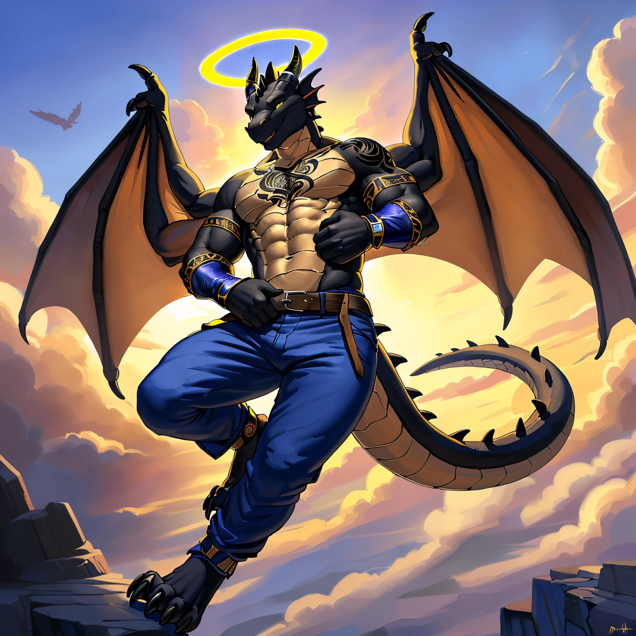 (masterpiece, best quality, high quality, highres:1.4), detailed, extremely detailed, bright lighting, 4K, (by ruaidri), yupa, kiyosan,(by meesh), (by fffffolder)), delga: ( slim, athletic, dragon, black body, smooth skin, athletic muscle, anthro legs, Godly appearance, ((skin glowing)), glowing skin, ((young)), (dragon feet), (toe claw), black spikes, (detailed eyes), dragon horn, ((dragon tail)), tail attached to waist, 1tail, ((dragon wings)), bare_shoulders, (clothing, handwear:(vambraces), bottomwear:(pants:black, [[leg armor]]))), beautiful, (((heroic aura))), closed_mouth, covered in tattoos, has tattoos, tattoos covering the chest and arms, tattoo sleeves on both arms, descending from the clouds, divine presence, radiating, angelic, halo, casual