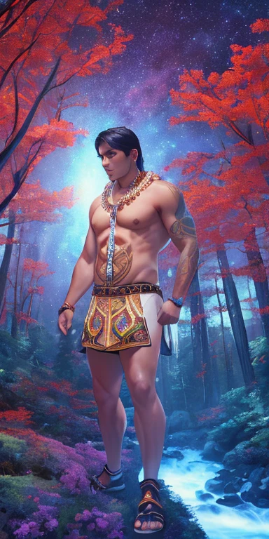 Wide landscape photo top down view of a Strong proud indigenous male warrior standing in a forest with a swirling starry night sky, galaxy, forest, glowing flowers, towering trees, water way, flowing creek, no shirt, wearing long brief cloth, beaded necklace, red skin tattoos, wearing knee-high leather moccasins, bear claw necklace, high definition, 8K, etherial, dreamlike