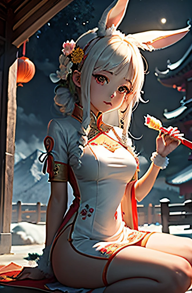 anime bunnygirl , wearing chinese dress, festival at mountain temple , white dragon at sky , eating popsickle , night