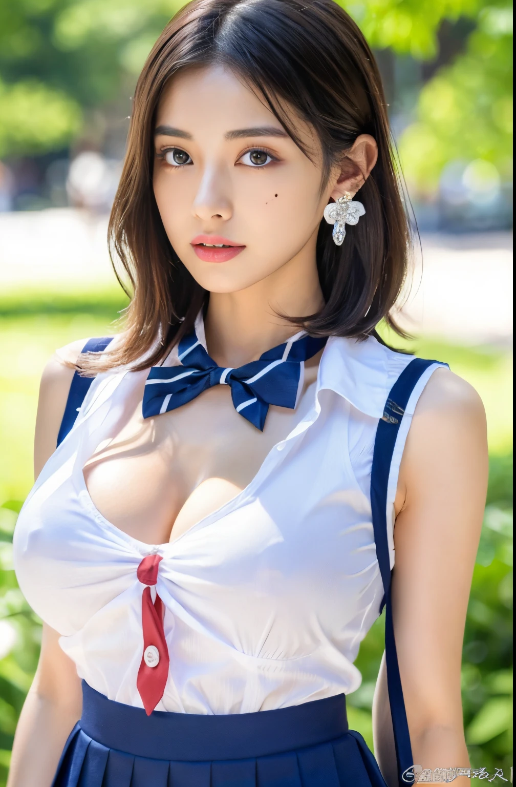 (((very huge round breasts))), (full body shot), short hair, wavy hair, (school uniform, summer school uniform shirt), skirt, sleeveless, RAW photo, extremely delicate and beautiful, masterpiece, Best Quality, ultra high resolution, 16k, hyperrealistic, ultra-detailed, Very detailed CG 8k wallpaper, Beautiful Lighting, Perfect Lightning, Realistic Shadows, perfect anatomy, super Detailed shiny skin, perfect figure, Japanese woman, late 20s, very Slim body, narrow waist, very small head, handsome detailed woman, very detailed eyes and face, realistic face proportions, Stunning detailed eyes, Realistic beautiful face, very small face, Realistic small beautiful eyes, double eyelids, makeup, tearful mole, mole on chest, earring,