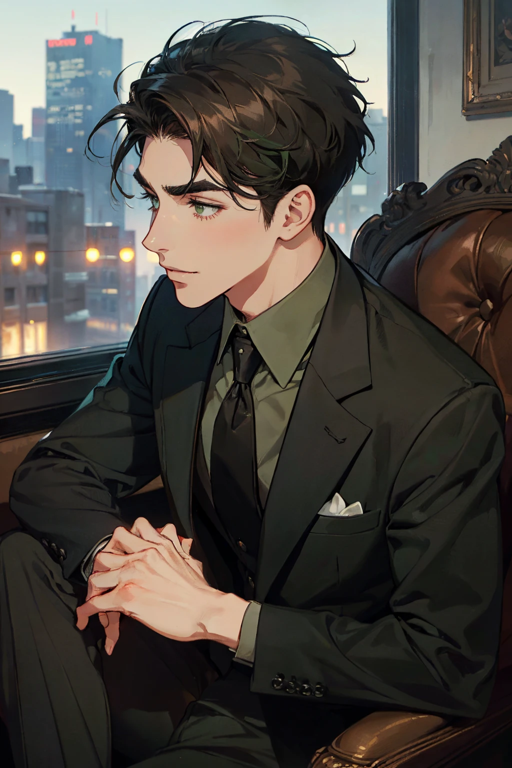 ((a young man in a black suit and tie)), taken in the early 1960s, gotham, alejandro, he looks very sophisticated, (((left-side swept black short hair))), (dark green eyes and thick eyebrows), smirk. ((20 years old)), masterpiece, posture dynamic, ((one man)), ((brown skin))