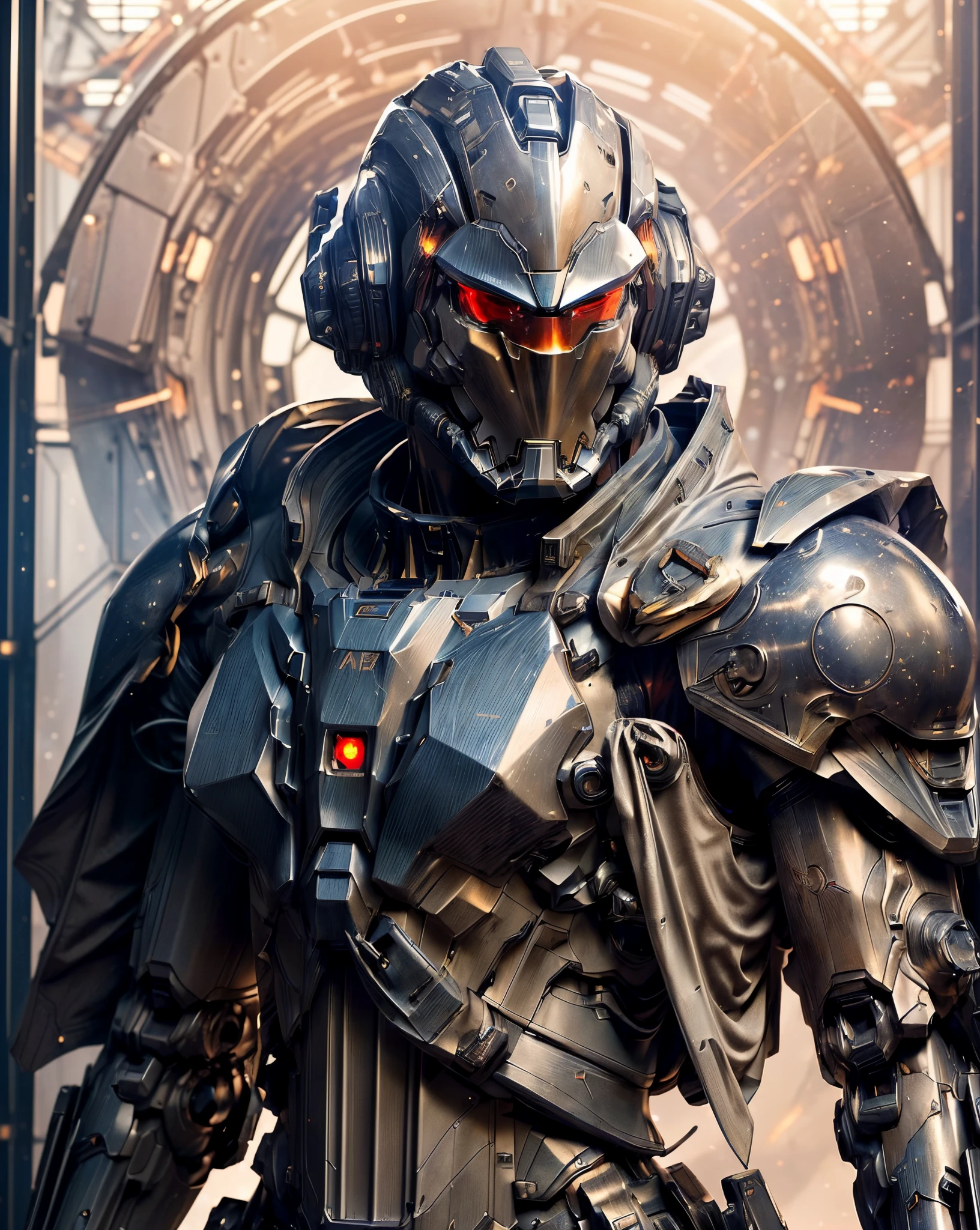 ((An epic and visually stunning digital anime portrait featuring a feminine scifi male robot angel knight clad in a sleek yet tactical white armored military trench coat with a (scifi armored mecha head with a narrow knight style face))), ((flat masculine chest. The character is adorned in a (scifi tactical armored open front trench coat with a built in exoskeleton) (over a form fitted armor plated yet super sleek space suit), the armor plating on the upper arms and shoulders beautifully engraved)). The image showcases the beauty and elegance of the character, ((capturing their flamboyant essence and heavy mecha aesthetic)). The character also possesses an androgynous charm, with slim yet heavily muscled physique, sylphlike with a beautiful feminine waist and toned yet beautifully sleek cybernetic arms, mechanical arms and legs, mecha muscles, looking at viewer, (((anime artstyle, upper body portrait)))