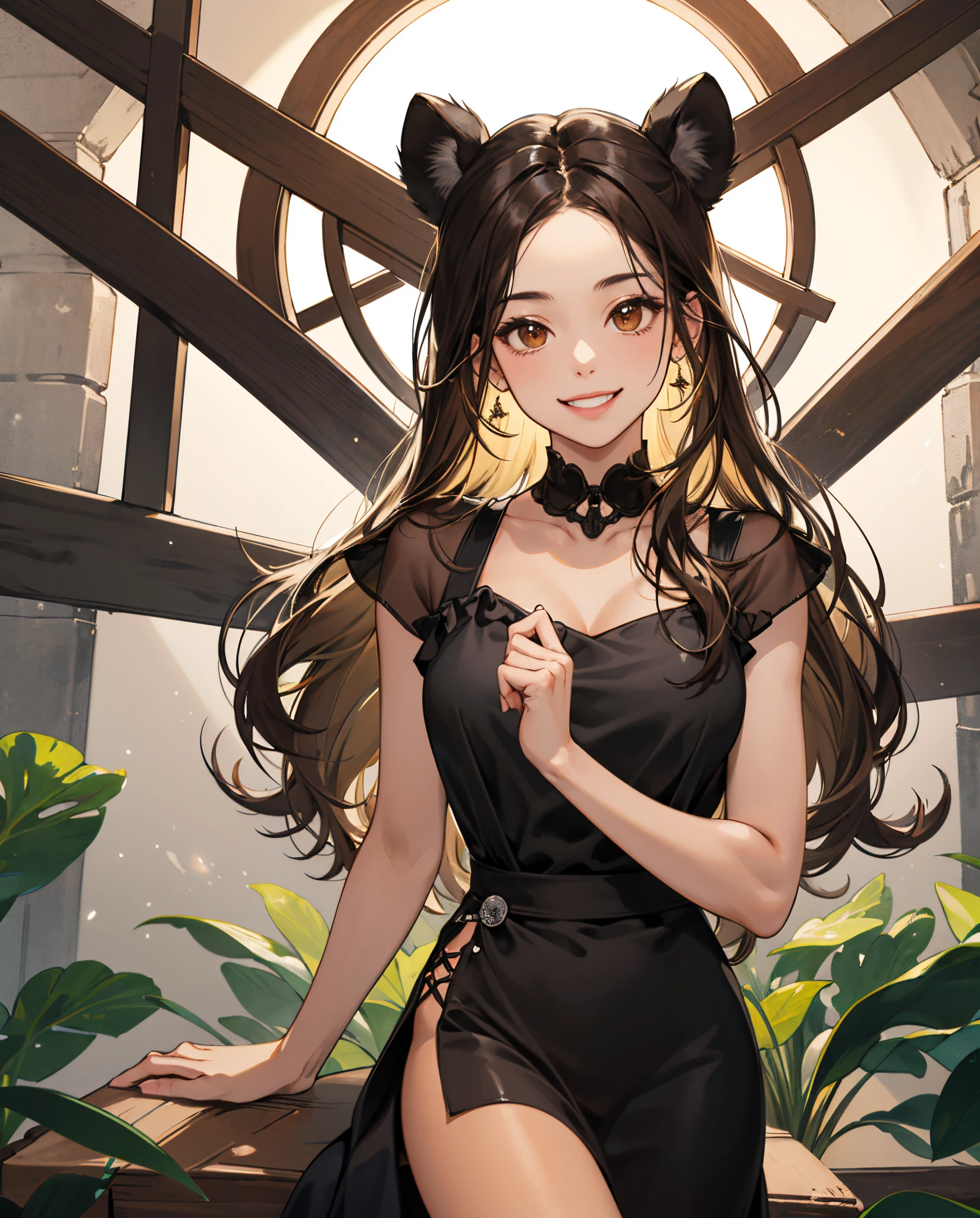 A girl with brown eyes smiling, glossy dark brown tan skin, wearing a black dress, and has long black hair with blonde skunk stripe