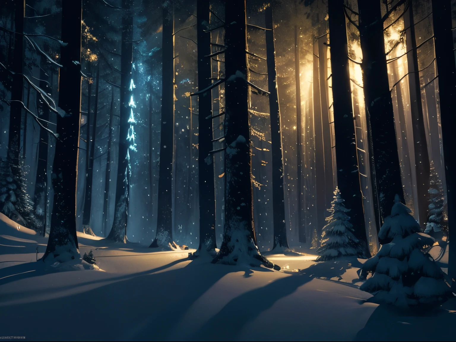 enchanted forest at night, christmas theme, atmospheric, oil by Gregory Manchess; Hand drawing illustration. , ((extreme contrast)) highly detailed. Cinematic lighting. By sumic.mic, strong highlights, sharp outlines, sharp shadows, 8k, high quality, (cell shading)