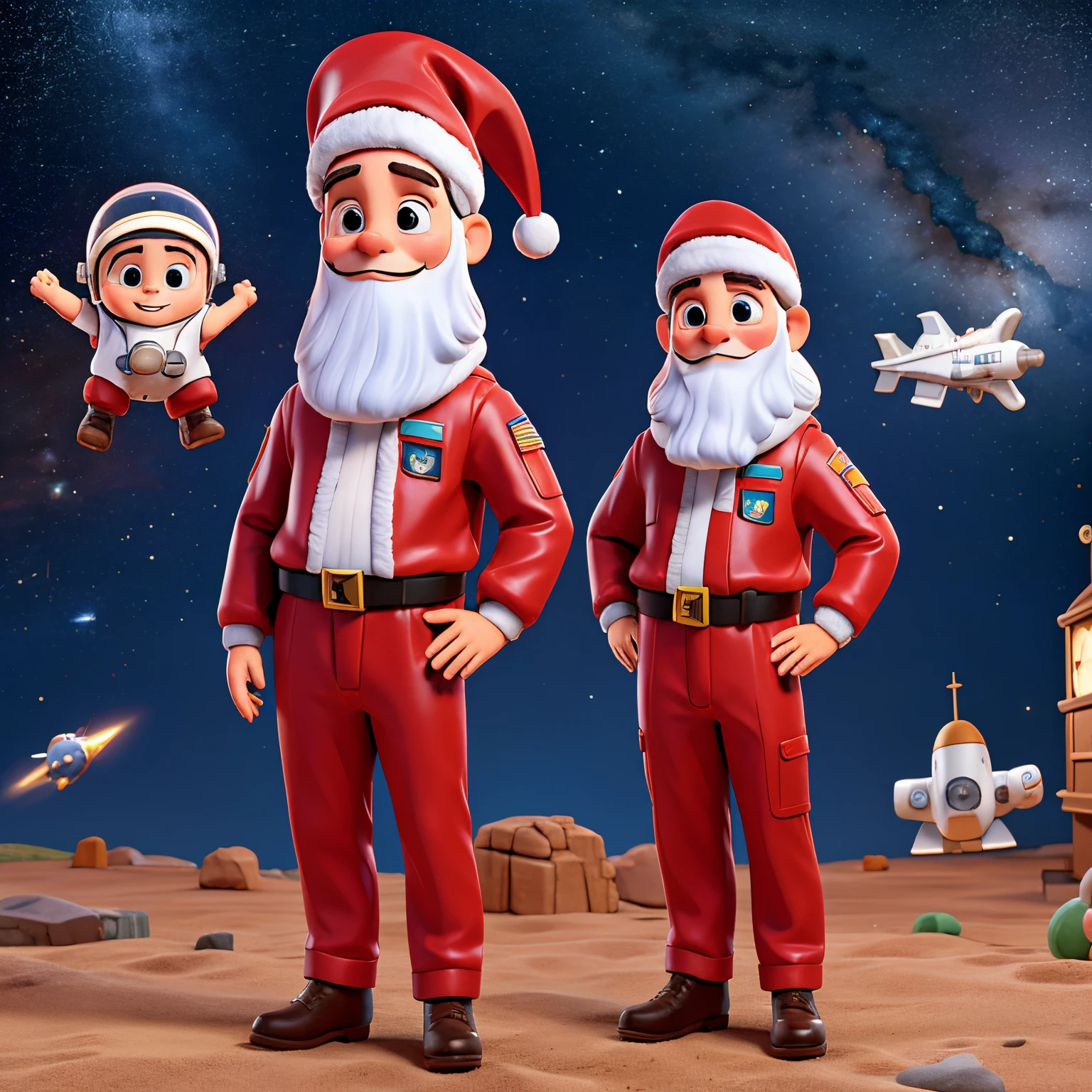 papai noel usando capacete de astronauta, roupa de astronauta, roupa vermelha, voando, legal, Maneiro, descolada, corpo inteiro, full body, outer space, space santa claus