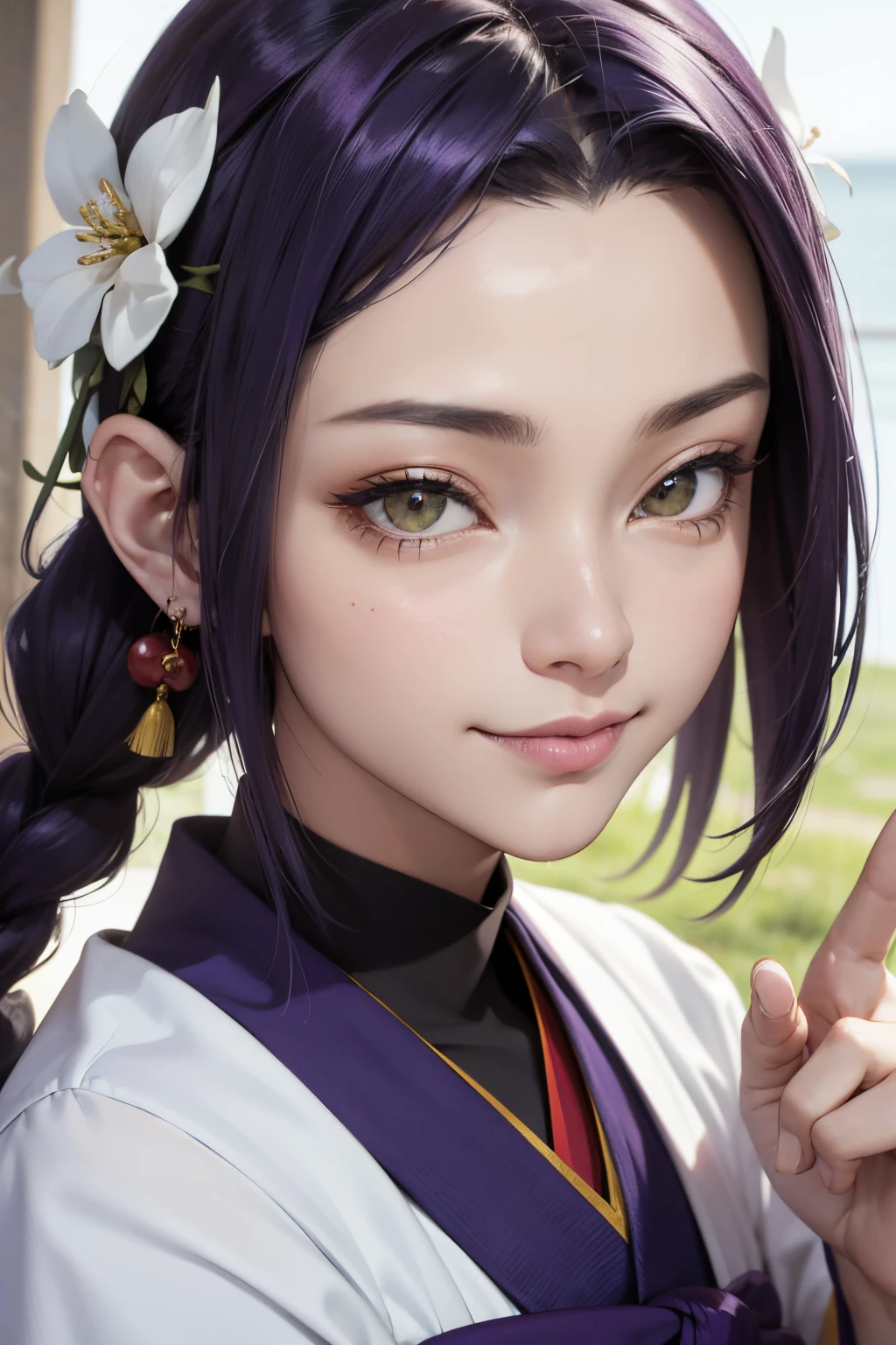 Brilhante roxo Taoist manto, Saia longa Hanfu, olhos grandes, Obra-prima beleza absoluta, 1 mulher, Close-up. Close-up, sorriso curativo, cena de neve, Qualidade de imagem 4K, twisted braid, princesa penteado princesa corte, Simple hair accessories, Flores de Ameixa, People can't forget beauty when they see it
