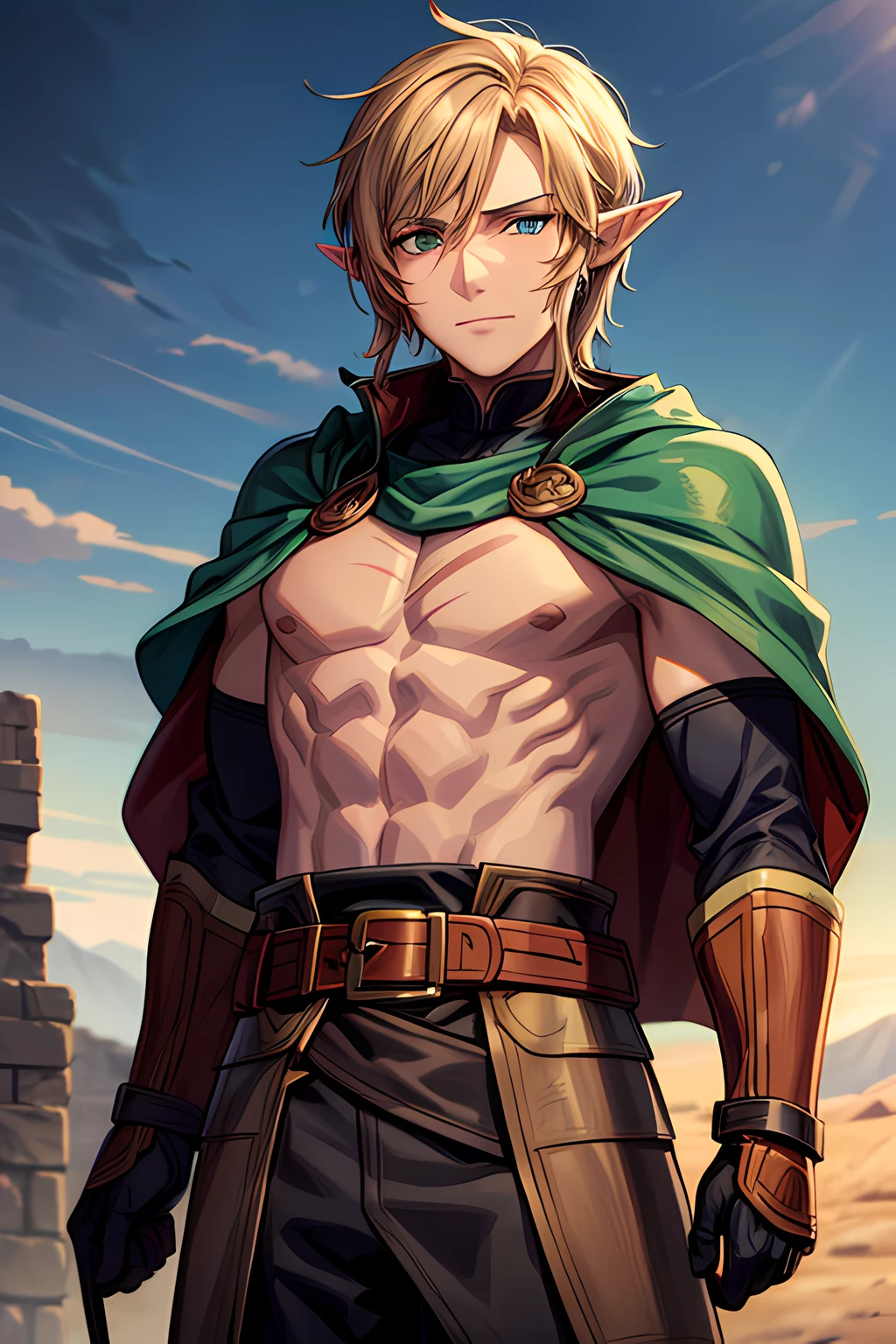 high detailed half-elf male, elf, brown_hair messy_hair smiling_face, green_eyes, scar_across_eye, pointed_ears, tan, armor breastplate blue_cape, leather_gloves, belt, belt_pounch, sword, sheath, paladin knight, simple_background, male_focus cowboy_shot solo, final fantasy tactics, jrpg, demacia, vox machina style