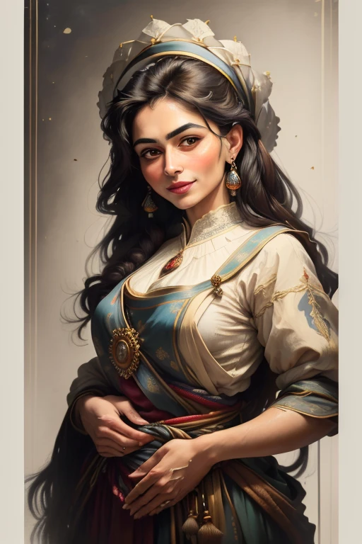 ((best quality)), ((masterpiece)), ((realistic)),  ((half length portrait)) of a Persian woman with abasket of friuts on her hands  , portriat from the waist up, elegant attire,traditional Clothes, radiant smile, confident stance, cultural pride, (oil painting:1.2), vivid colors, nostalgic b&w background, authentic vintage feel, (portrait composition:1.7), (high-resolution:1.2)